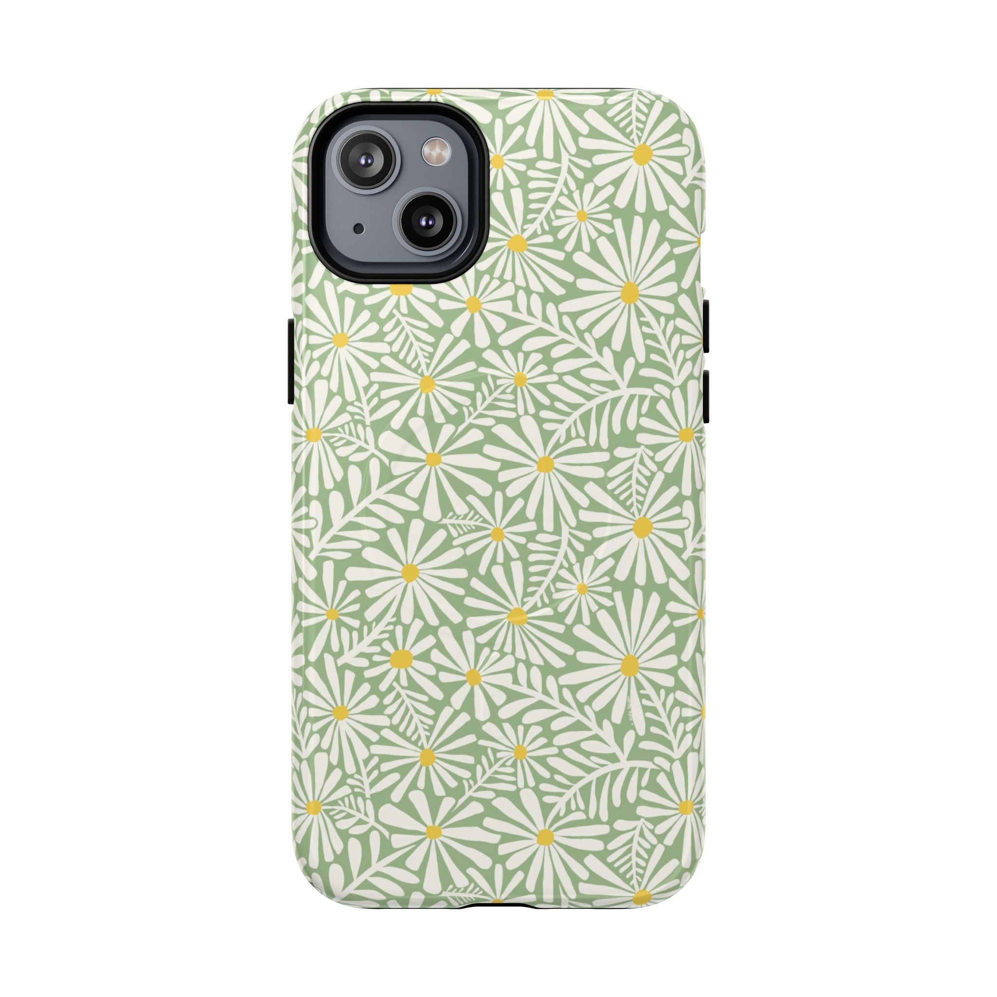 Montauk Daisy Meadow Green MagSafe iPhone 14 Plus Case – Glossy | sage green, white graphic daisy and fern print, golden yellow centers MagSafe compatible, dual-layer protection