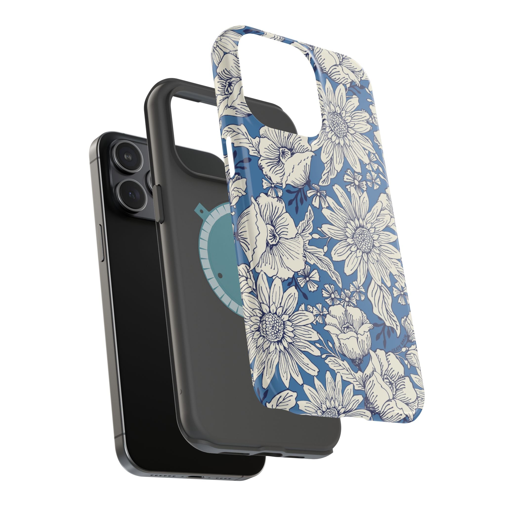 Jardin Luxury MagSafe iPhone Case – exploded side view showing dual-layer construction and MagSafe magnet array
