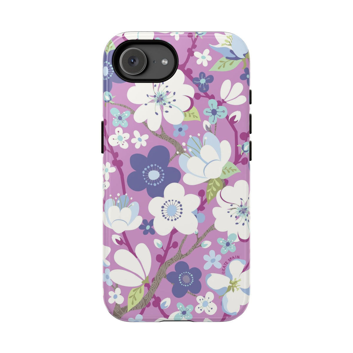 Purple Cherry Blossom Tough iPhone 17e Case – Glossy | mauve, white, periwinkle cherry blossom floral print