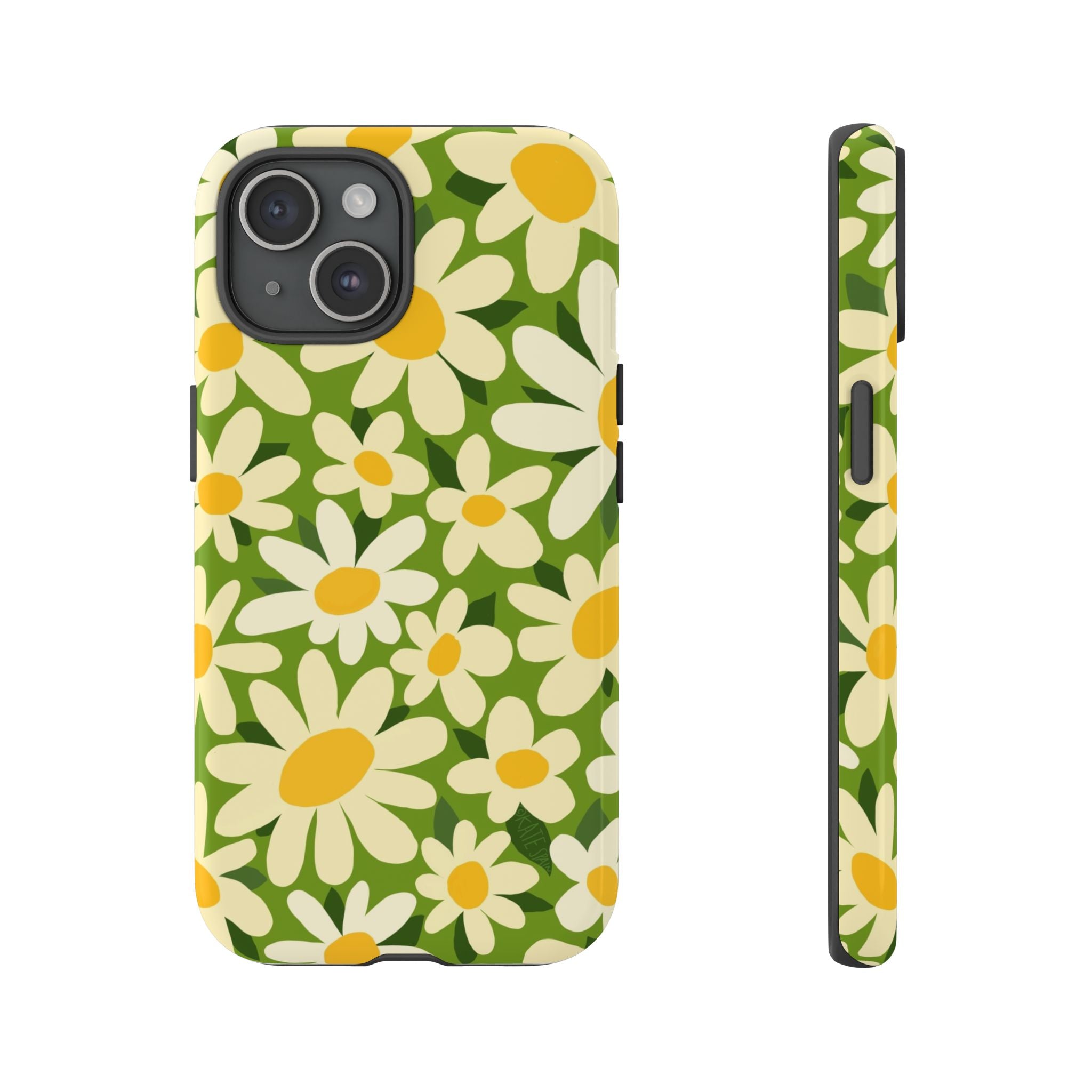Shasta Daisy Tough iPhone 15 Case – Glossy | green, white, yellow daisy floral print