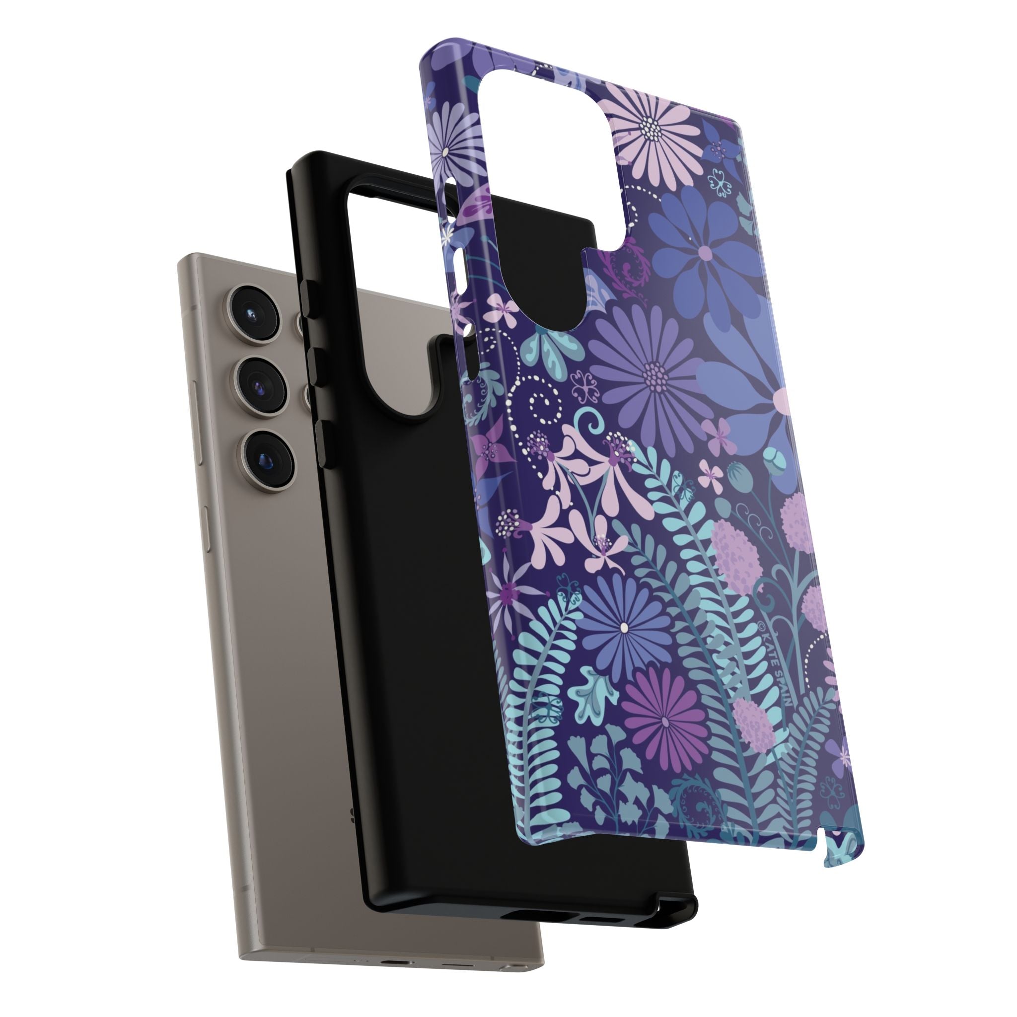 Luxury Terrain Samsung Galaxy S24 Case – Glossy | close-up of layers of case in navy, purple, aqua botanical woodland floral print