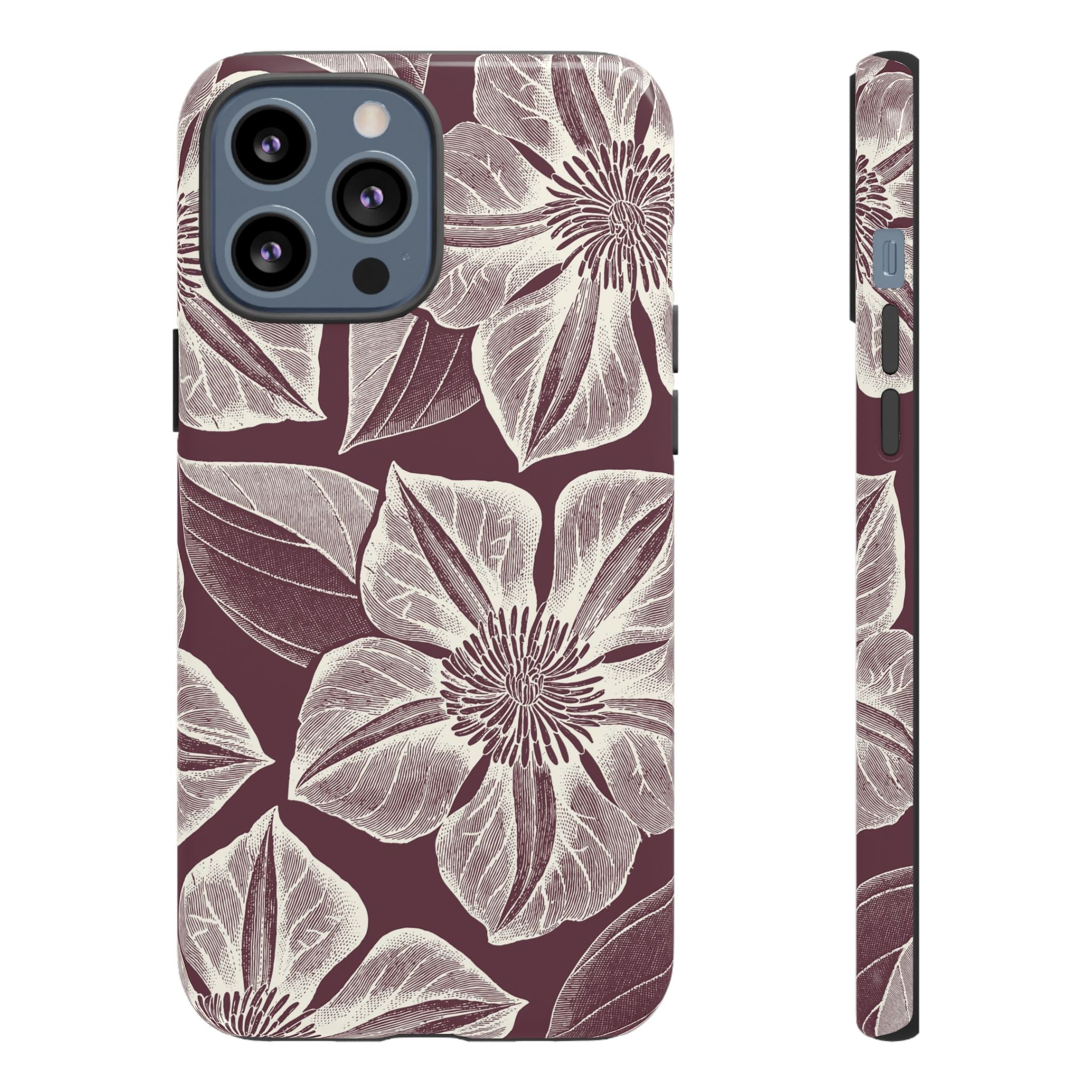 Vintage Bloom Burgundy iPhone 13 Pro Max case – Glossy | burgundy ground, large-scale cream clematis print, engraved petal detail, dual-layer protection
