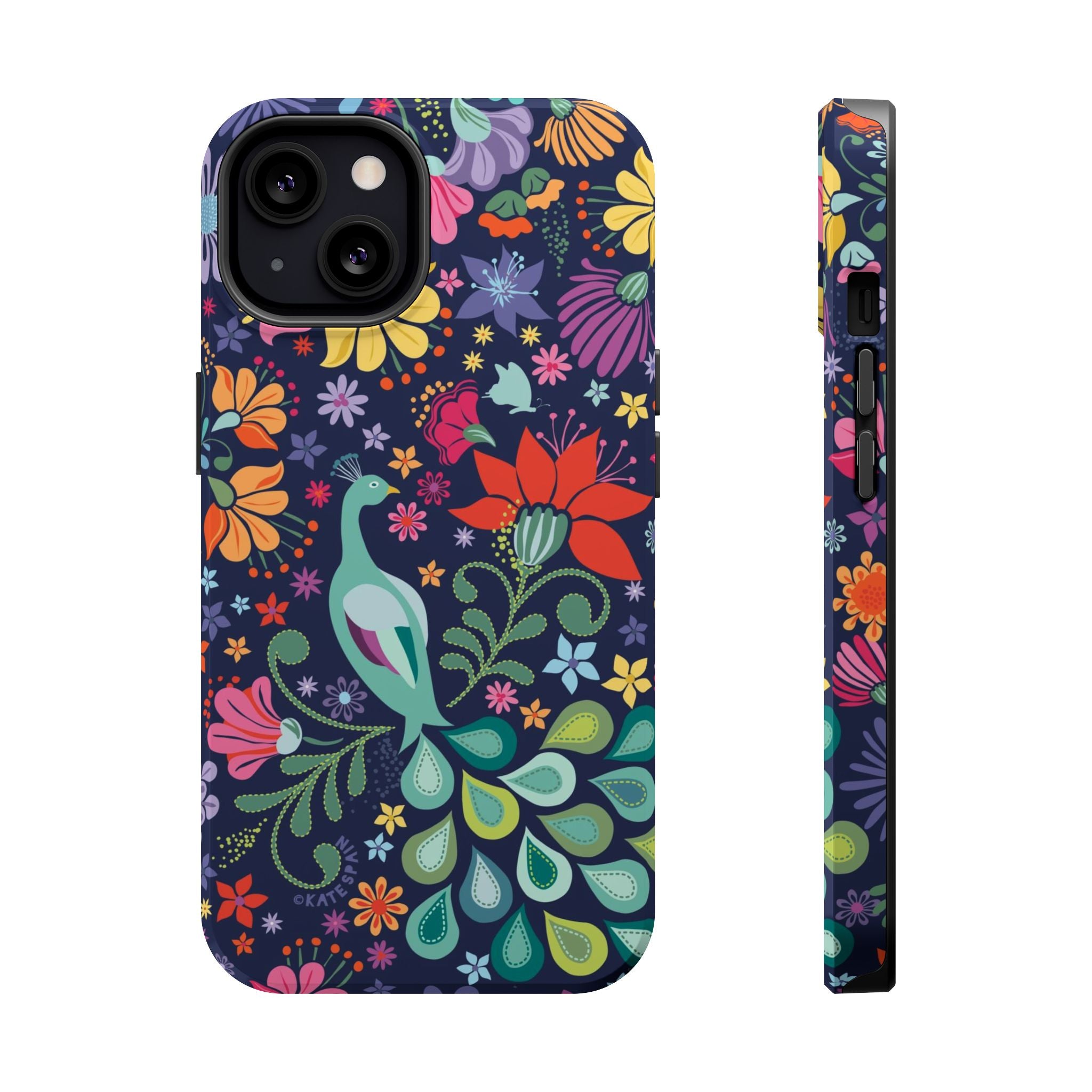 Peacock Sanctuary MagSafe iPhone 13 Case – Glossy | navy, teal, ivory peacock botanical print MagSafe compatible, dual-layer protection