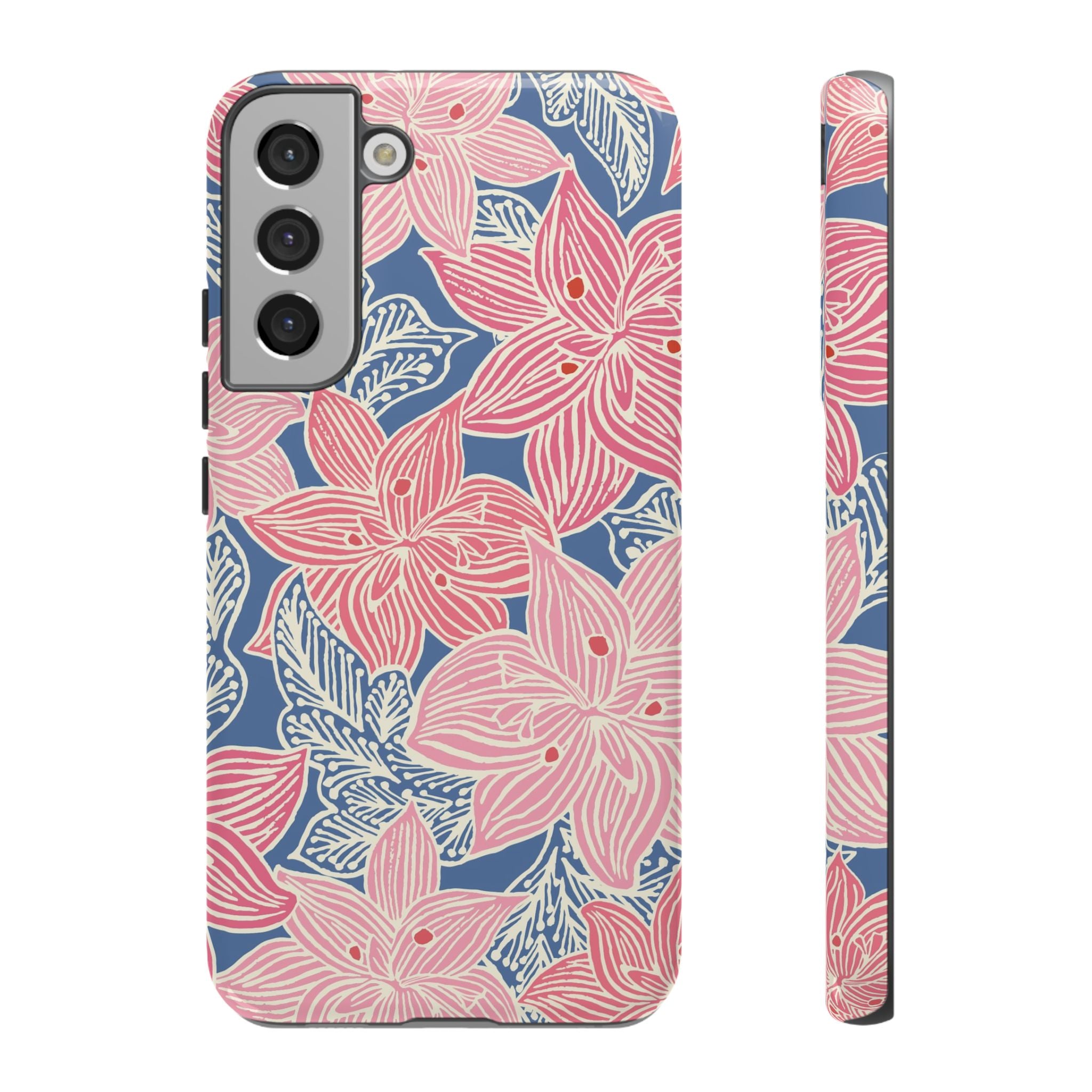 Hibiscus Lagoon Samsung Galaxy S22 Plus Case – Glossy | coral, blush, cream, dusty blue hibiscus botanical print