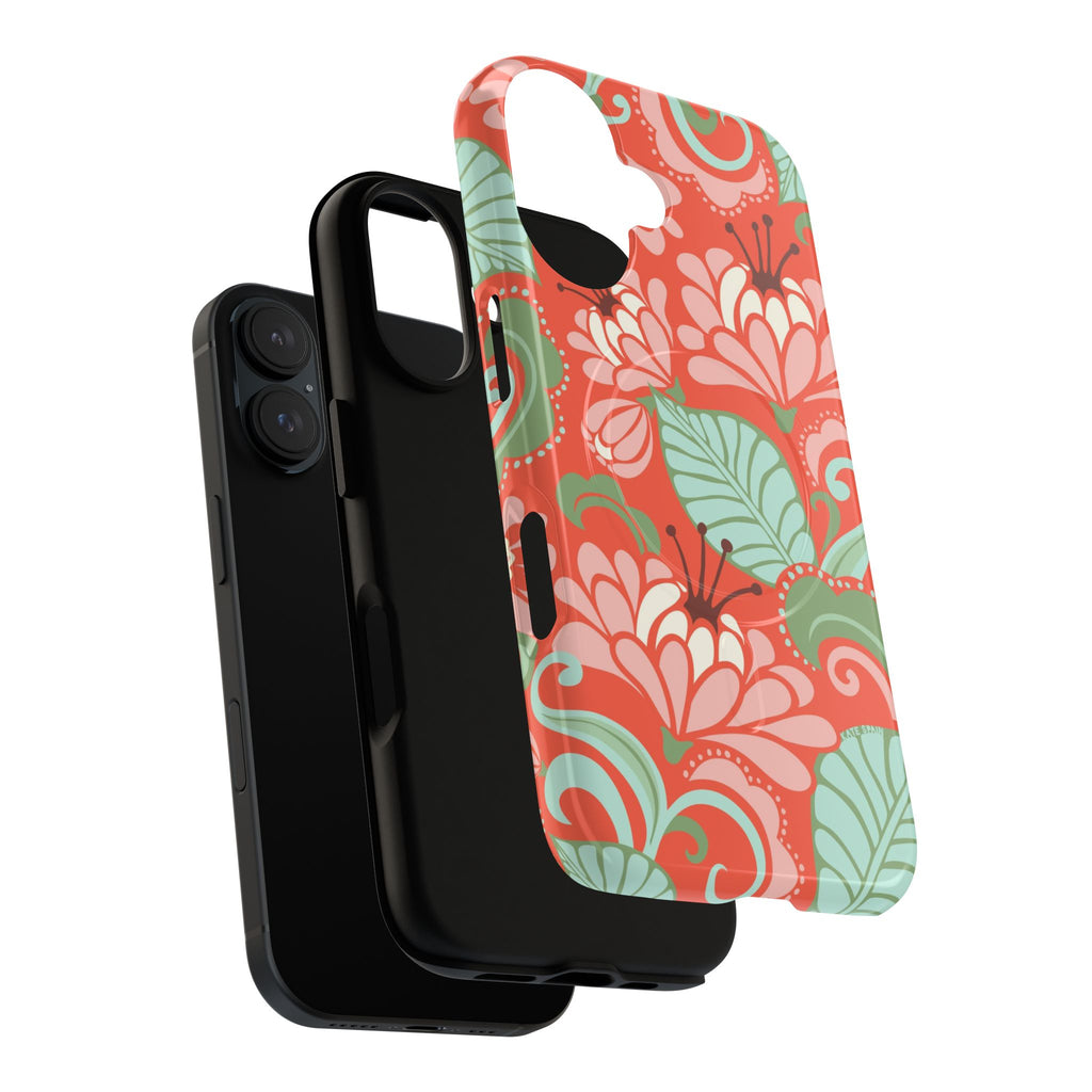 Sarabande MagSafe iPhone 17 Case – Dual-layered view of case and inner lining in front of phone, with view of camera cutout and buttons | coral, pink, cream, green botanical floral print