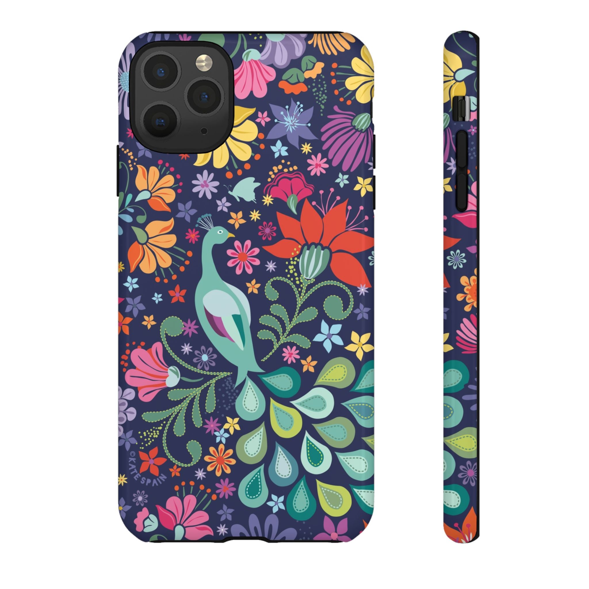 Peacock Sanctuary Tough iPhone 11 Pro Max Case – Glossy | navy, teal, coral multicolor vibrant peacock feather botanical print