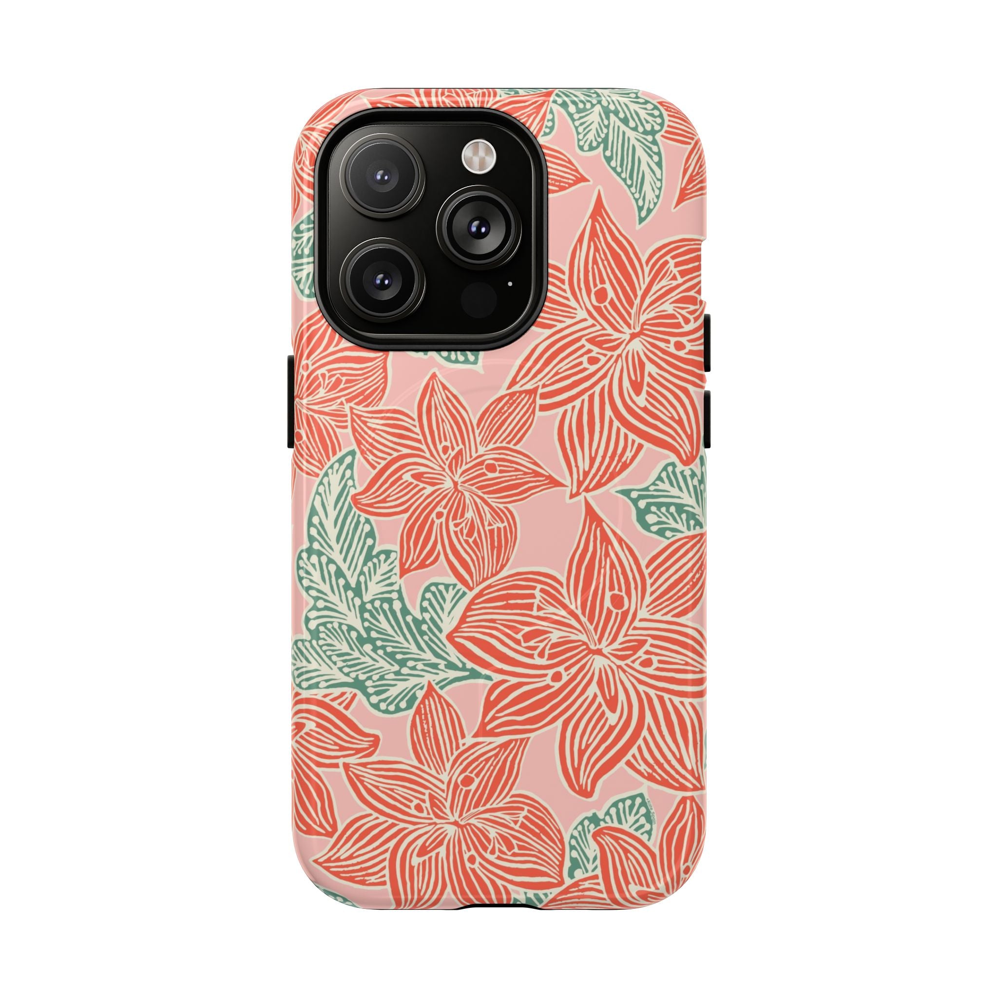Hibiscus Coral MagSafe iPhone 14 Pro Glossy Case — blush pink hard case with large-scale coral red hibiscus flowers and teal-green leaves in a bold botanical linework print, densely layered across the surface