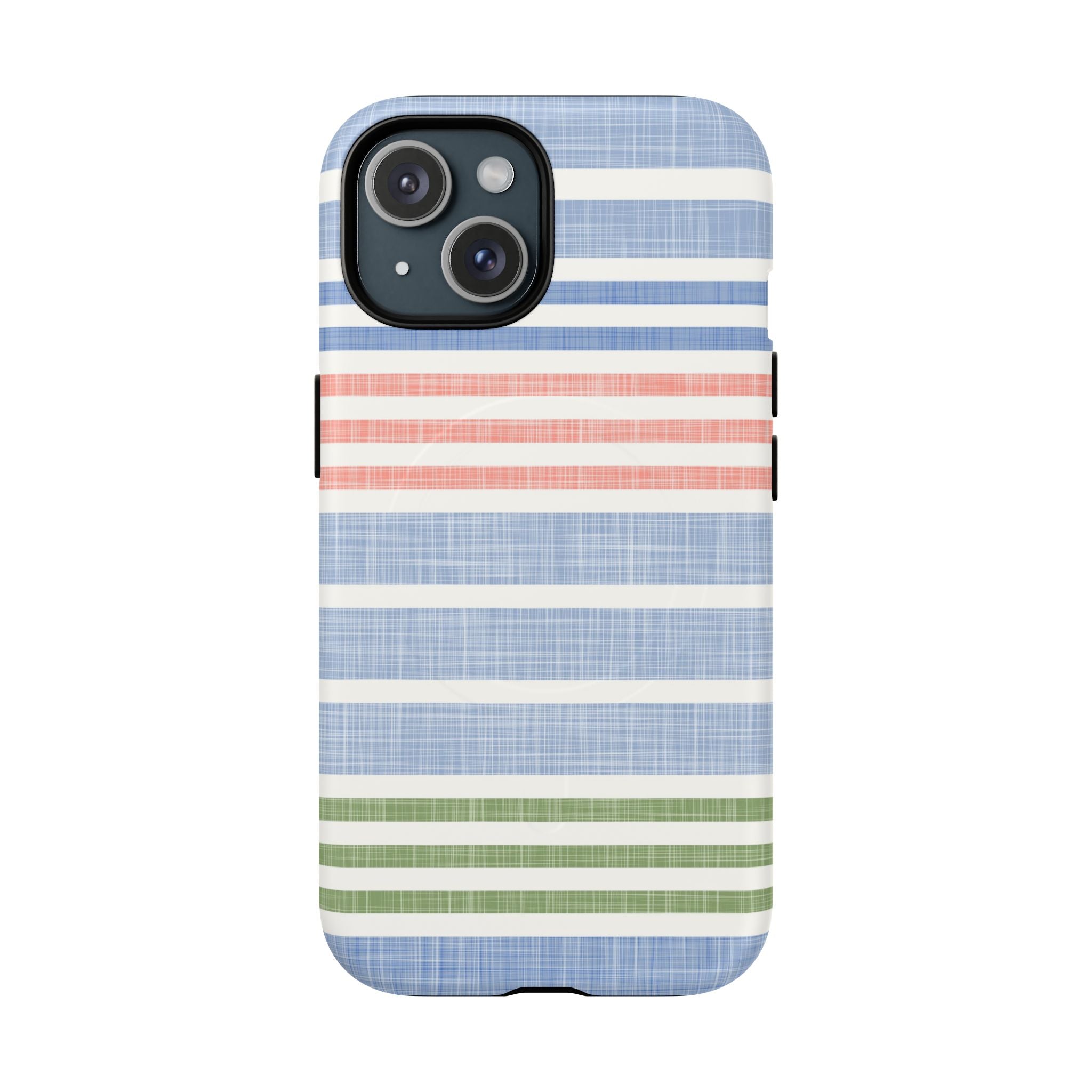 Cabana Stripe Pastel MagSafe iPhone 15 Case – Matte | soft blue, coral, sage green chambray-textured stripe print MagSafe compatible, dual-layer protection