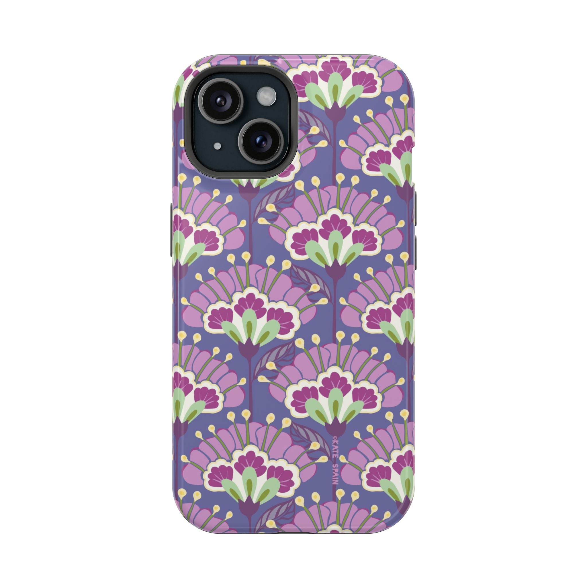 Lantern Flower MagSafe iPhone 15 Case – Glossy | periwinkle, purple, mauve, sage botanical lantern floral print MagSafe compatible, dual-layer protection