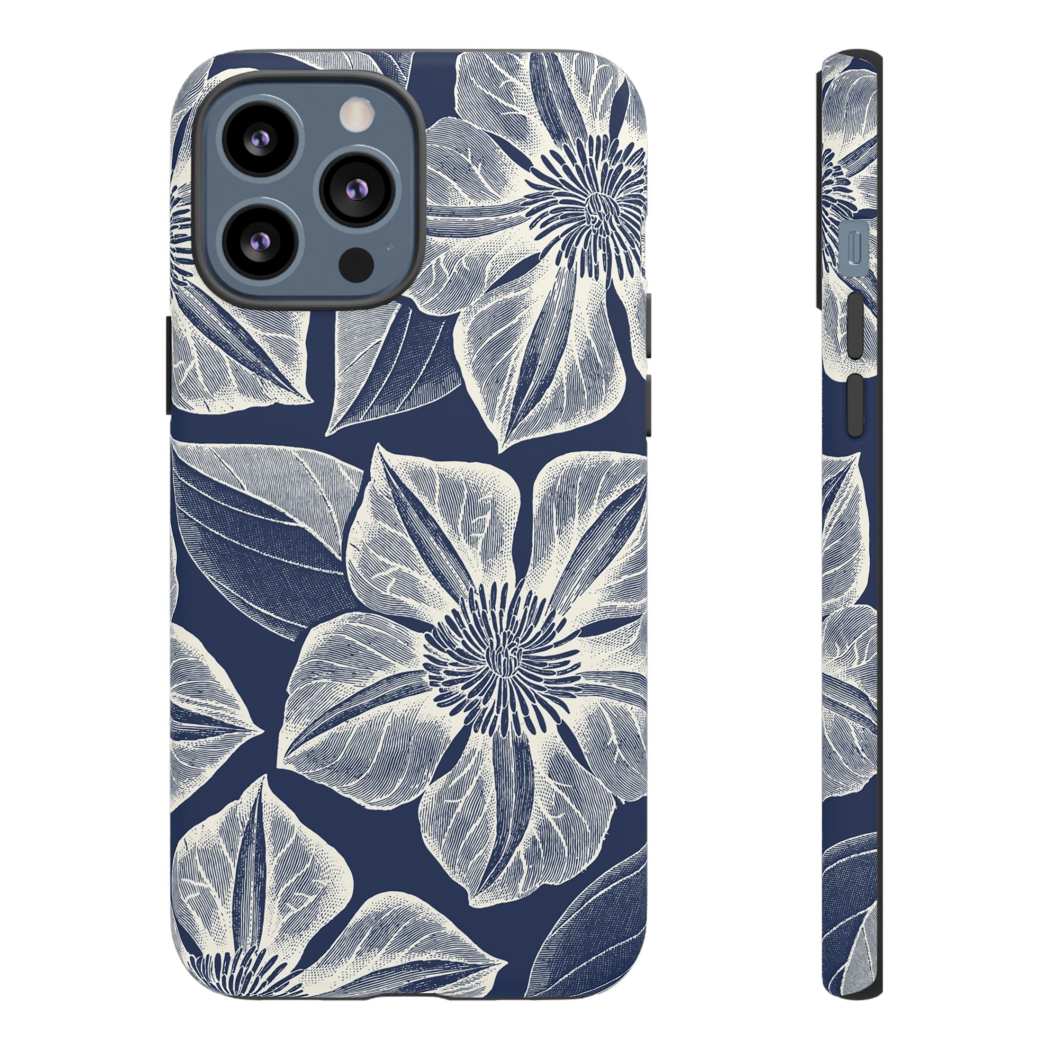 Vintage Bloom Navy iPhone 13 Pro Max case – Matte | navy ground, large-scale cream clematis print, engraved petal detail, dual-layer protection