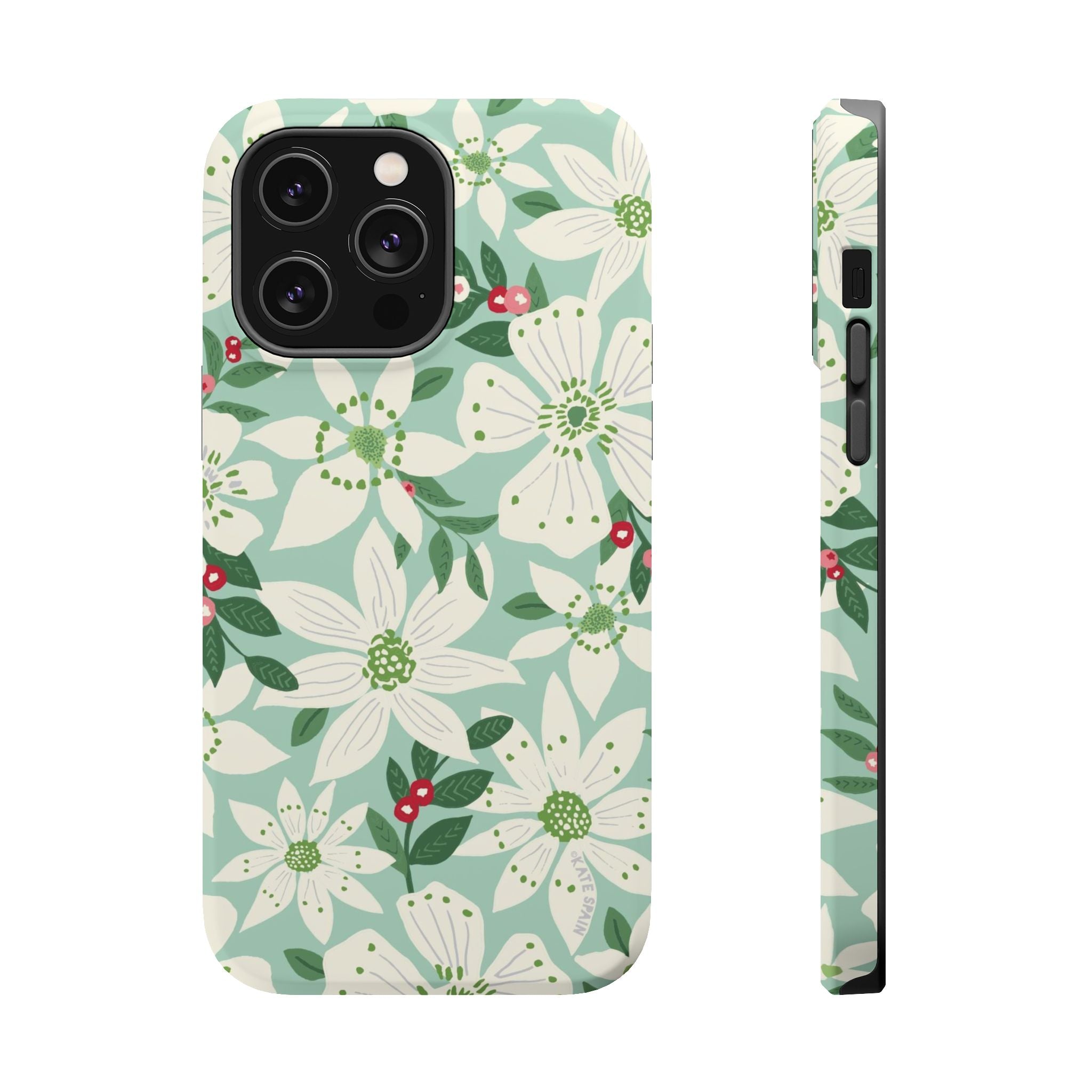 Gardenia MagSafe iPhone 14 Pro Max Case – Matte | light blue, white, green, red gardenia botanical print MagSafe compatible, dual-layer protection