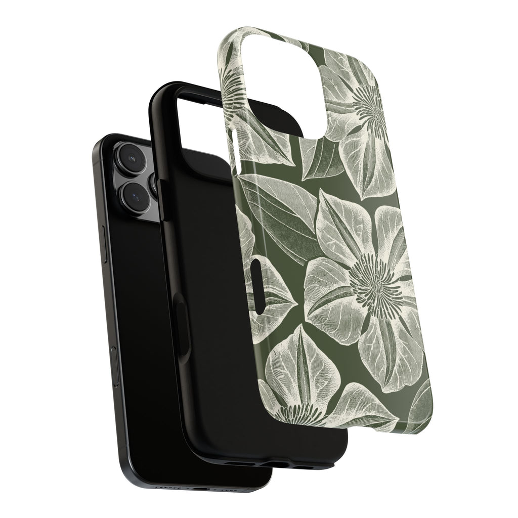 Vintage Bloom Cypress iPhone 16 Pro Max case – Glossy | cypress green ground, large-scale white clematis print, dual-layer case and inner lining detail with camera cutout view