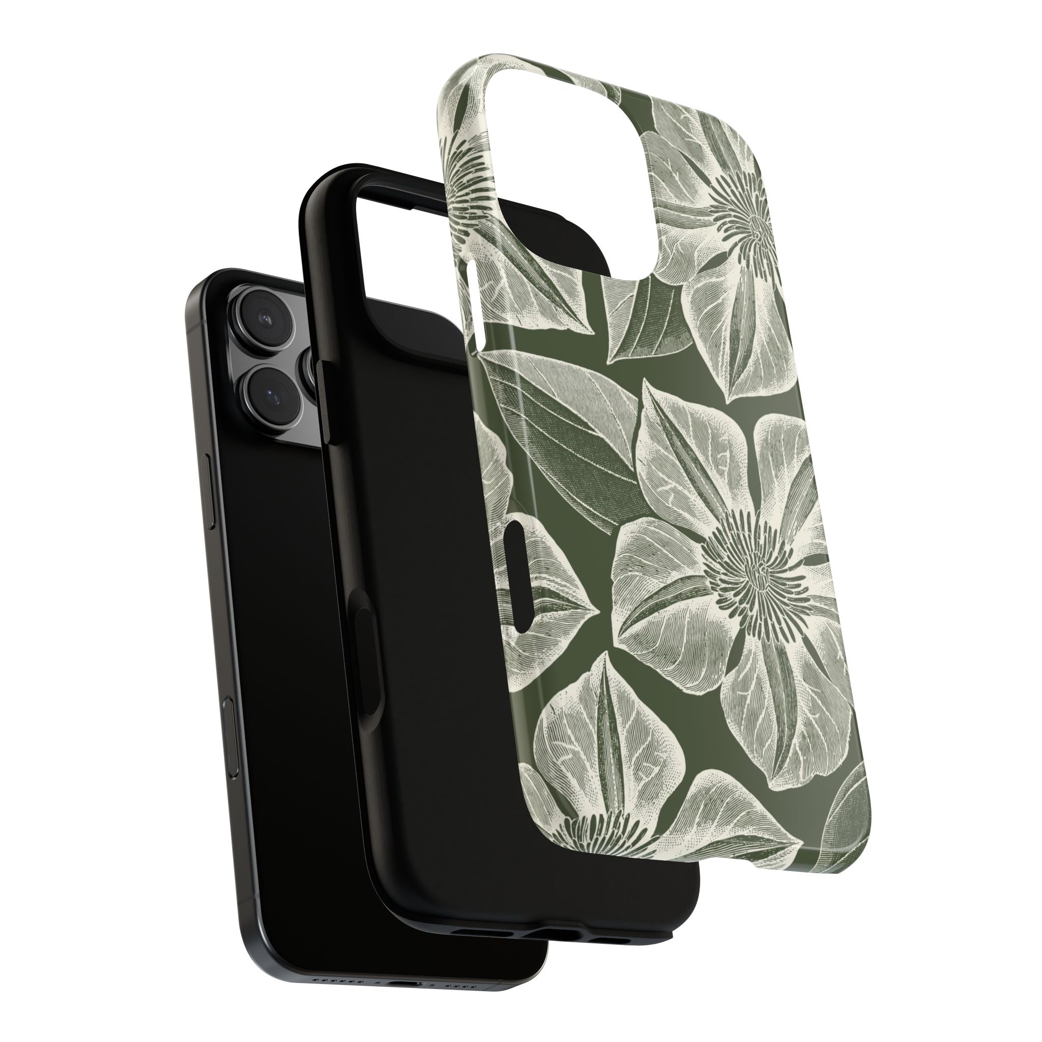 Vintage Bloom Cypress iPhone 16 Pro Max case – Glossy | cypress green ground, large-scale white clematis print, dual-layer case and inner lining detail with camera cutout view