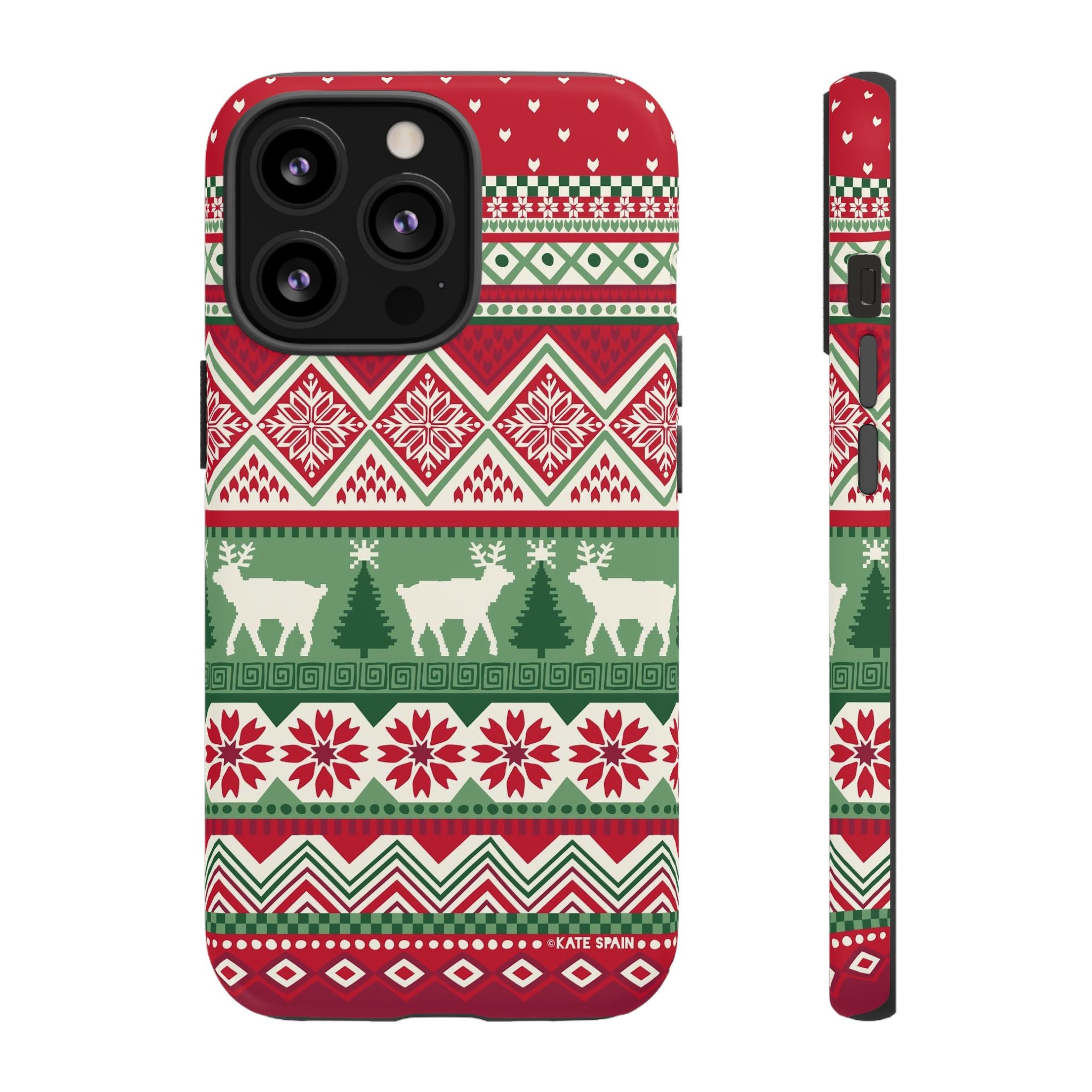 Telemark Tough iPhone 13 Pro Case – Matte | red, green, cream fair isle reindeer Nordic print