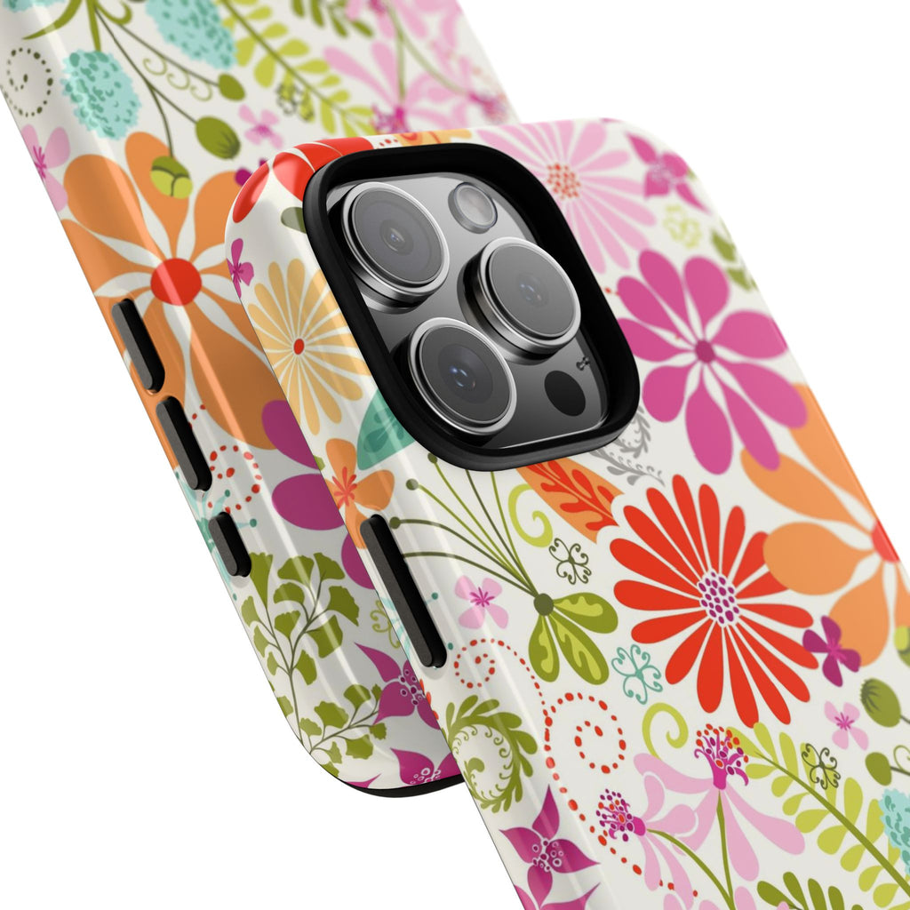 Luxury Terrain Tough iPhone 16 Pro Max Case – camera detail view | white, magenta, coral botanical woodland floral print