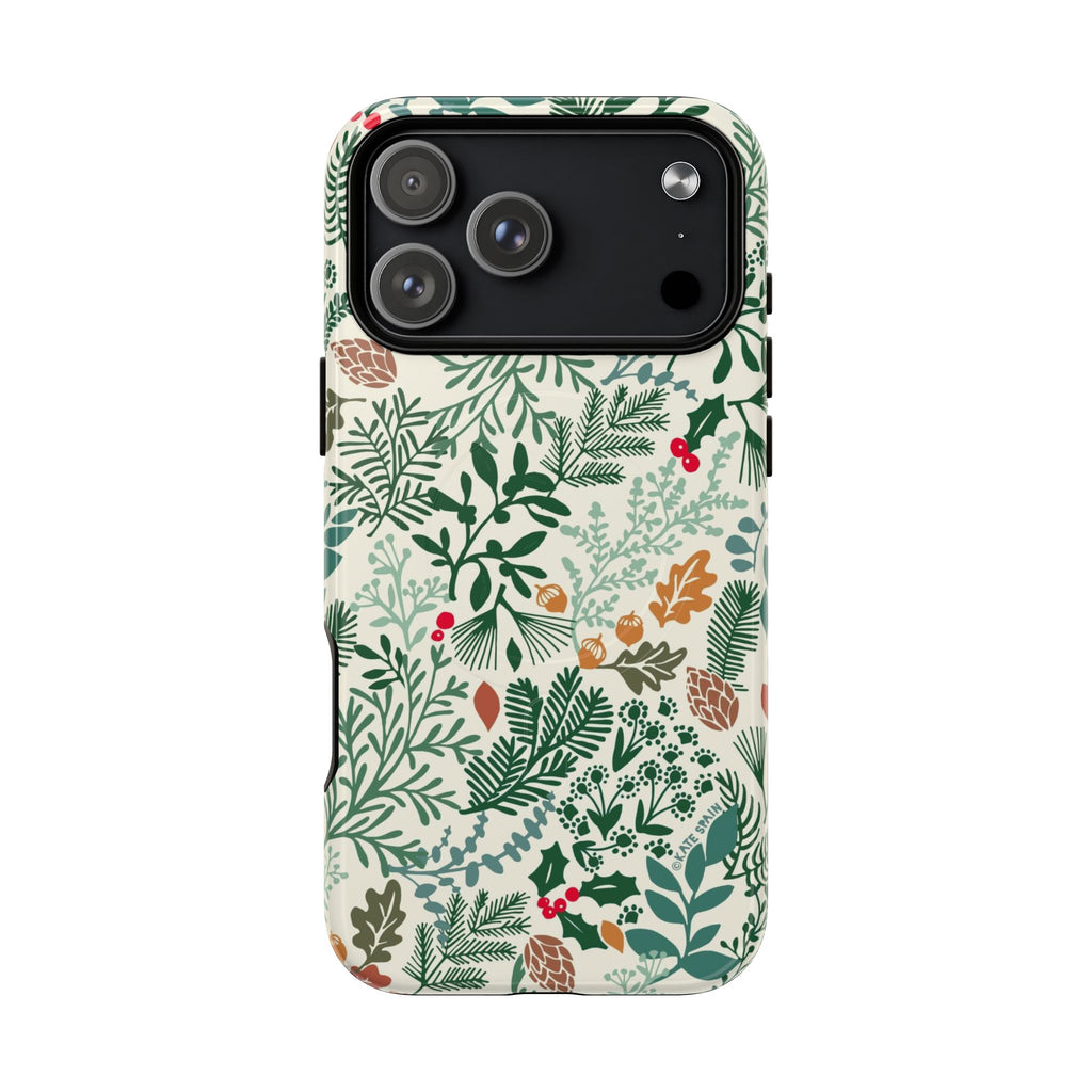 Juniper MagSafe iPhone 17 Pro Max Case – Glossy | cream, forest green, sage, and rust winter botanical print with pine, holly, acorns, and pinecones