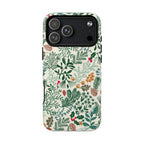 Juniper MagSafe iPhone 17 Pro Max Case – Glossy | cream, forest green, sage, and rust winter botanical print with pine, holly, acorns, and pinecones