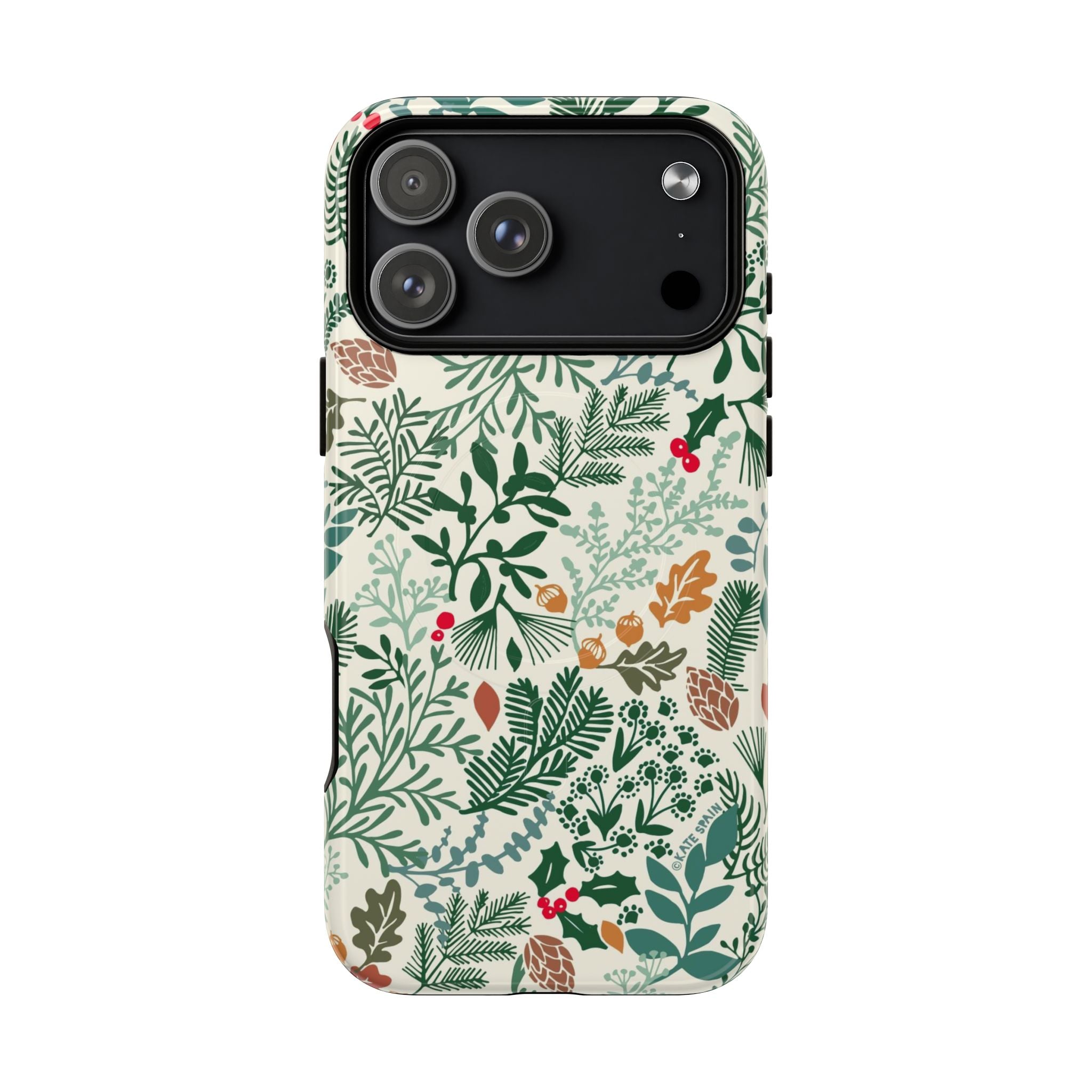 Juniper MagSafe iPhone 17 Pro Max Case – Glossy | cream, forest green, sage, and rust winter botanical print with pine, holly, acorns, and pinecones