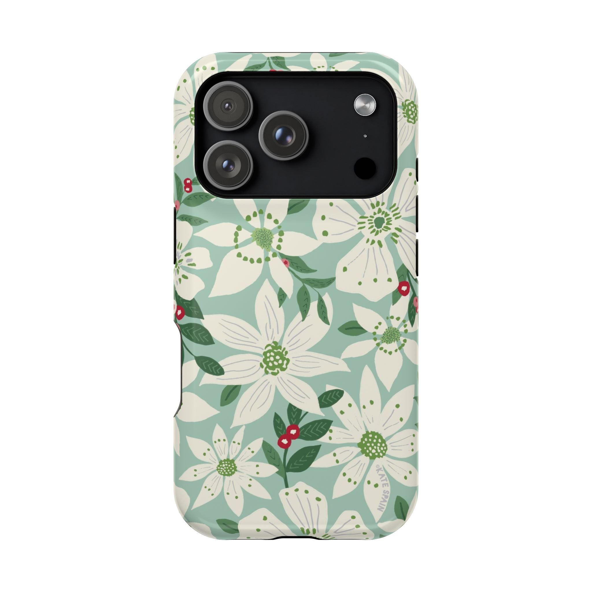 Gardenia MagSafe iPhone 17 Pro Case – Glossy | light blue, white, green, red gardenia botanical print MagSafe compatible, dual-layer protection