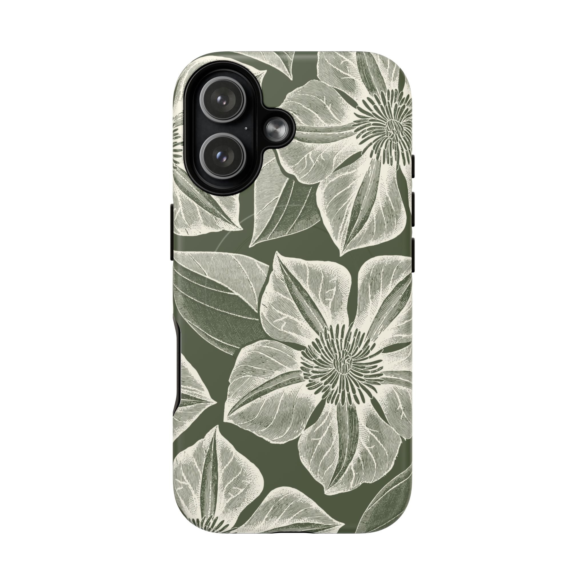Vintage Bloom Cypress MagSafe iPhone 17 – Matte | cypress green ground, large-scale white clematis print, engraved petal detail, dual-layer protection