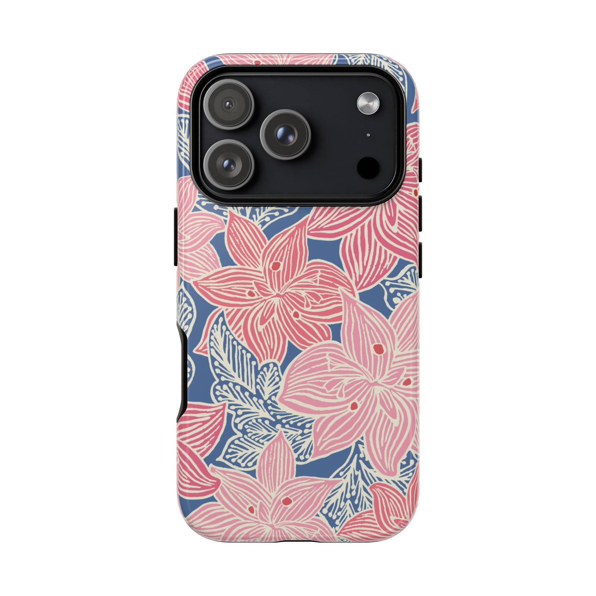 Hibiscus Lagoon Tough iPhone 17 Pro Case – Glossy | coral, blush, cream, dusty blue hibiscus botanical print
