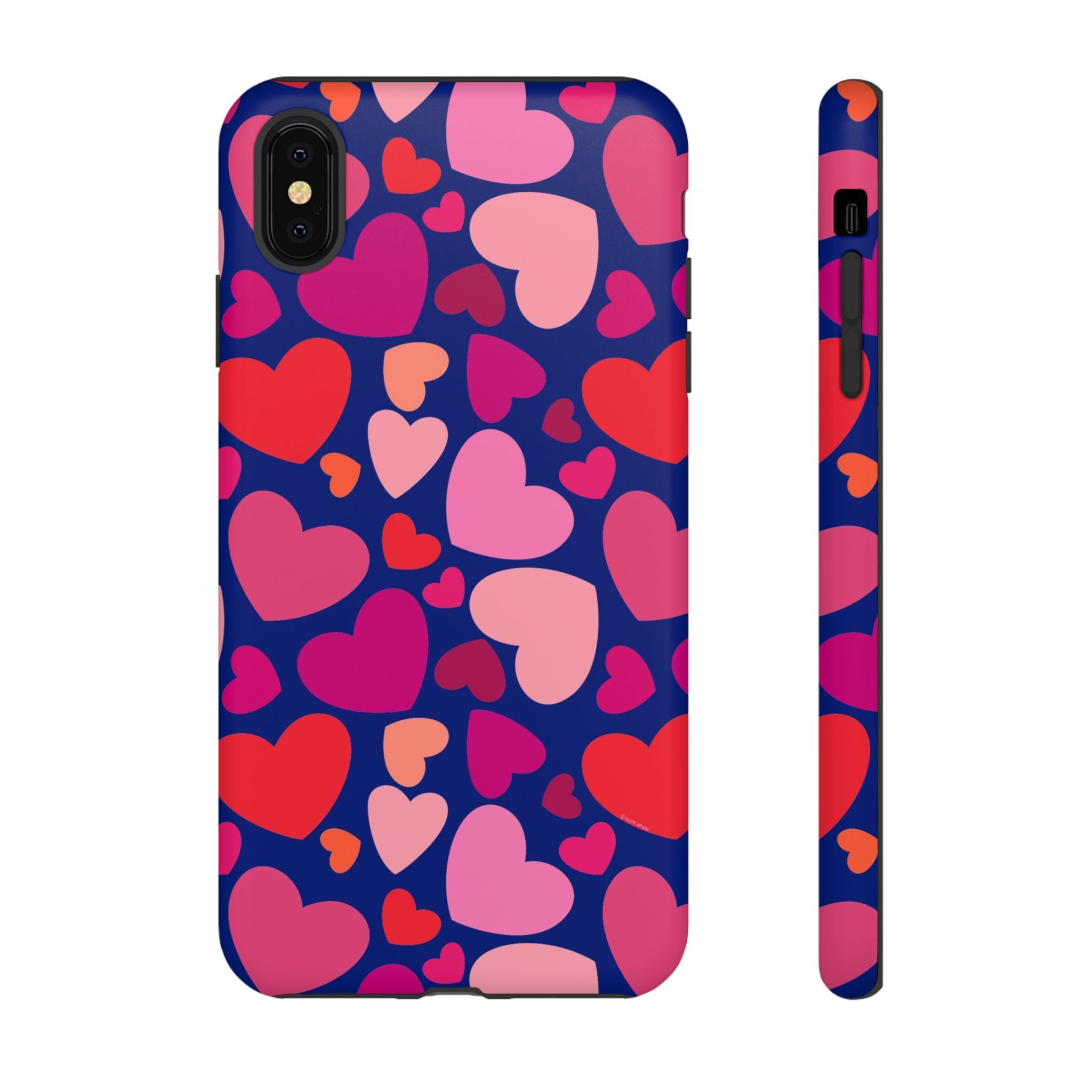 Hearts Tough iPhone XS Max Case – Matte | navy, pink, red, coral scattered heart print