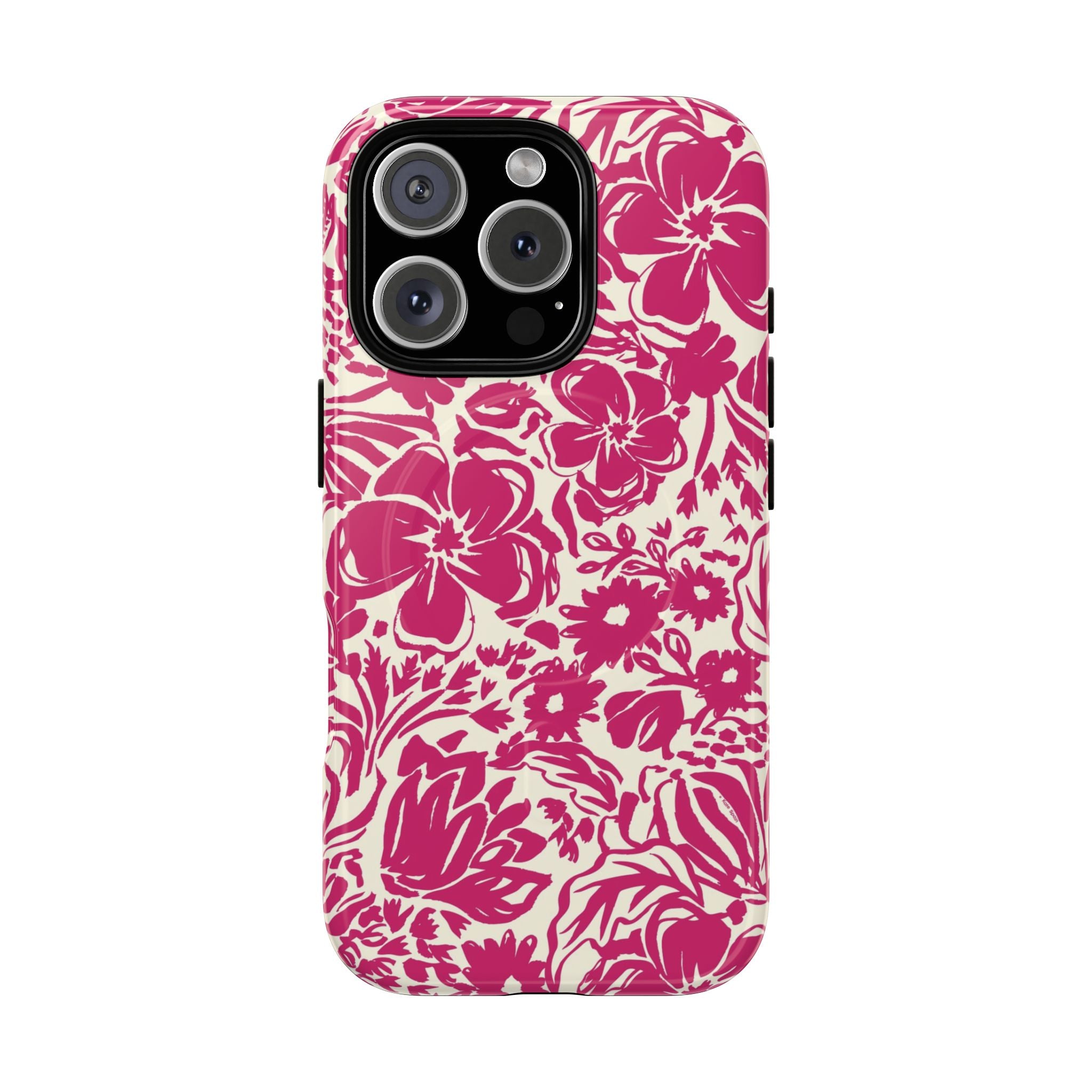Rhapsody Bright Pink MagSafe iPhone 16 Matte case — bold magenta floral print on cream by Kate Spain