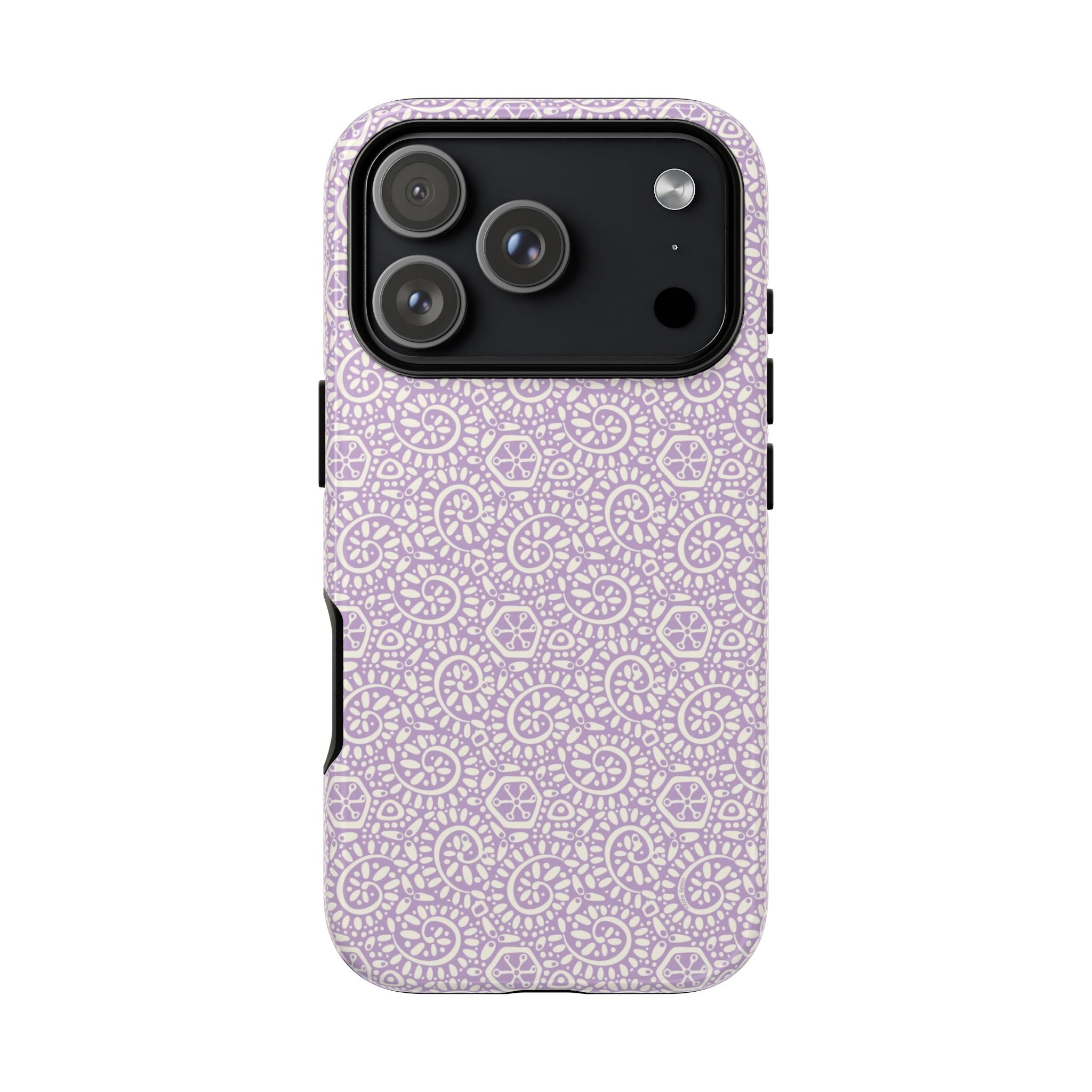 Canto Swirls Lavender iPhone 17 Pro Glossy Case — lavender hard case covered in an intricate folk-art medallion pattern of radiating circular motifs, dot clusters, and geometric centers