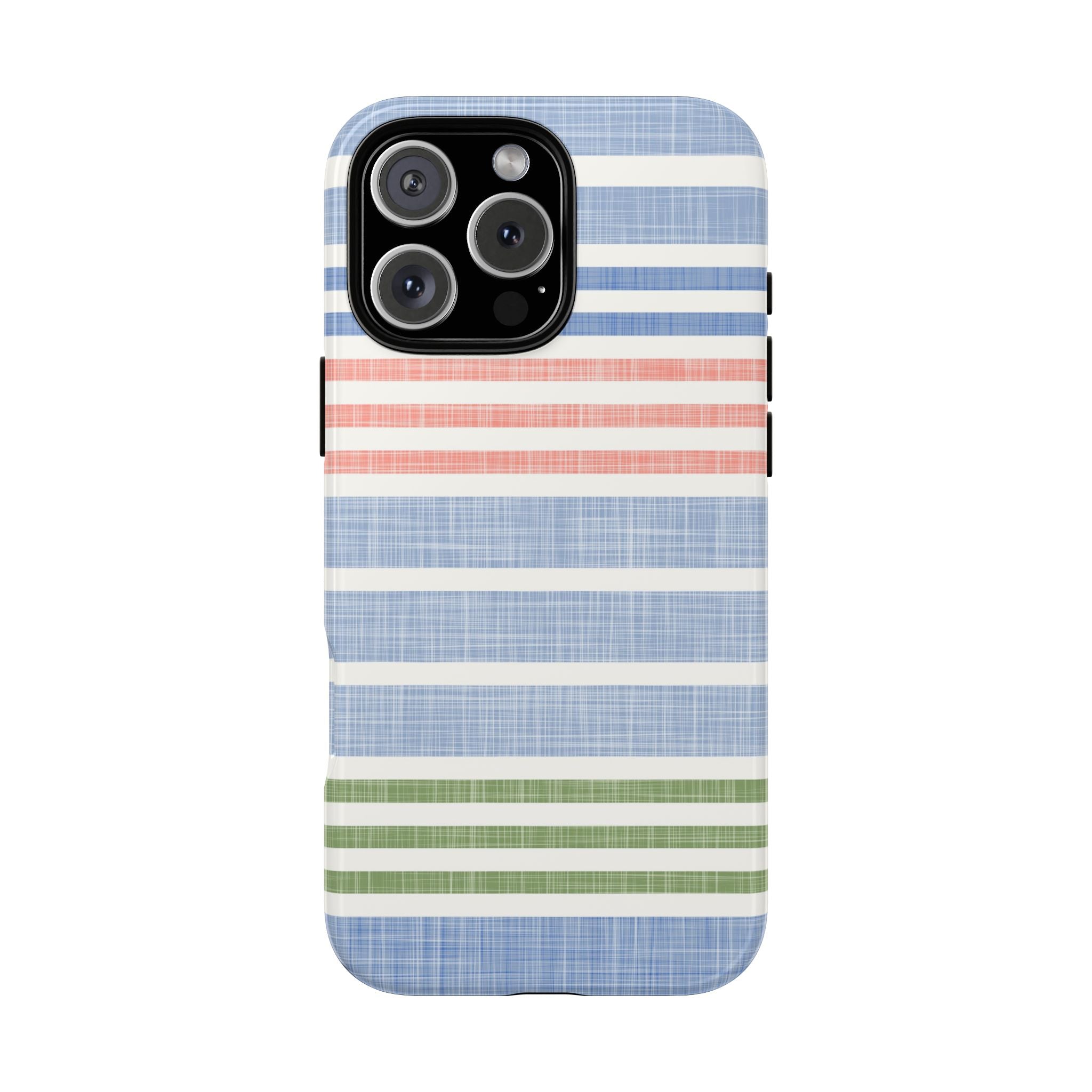 Cabana Stripe Pastel Tough iPhone 16 Pro Max Case – Glossy | soft blue, coral, sage green chambray-textured stripe print dual-layer protection