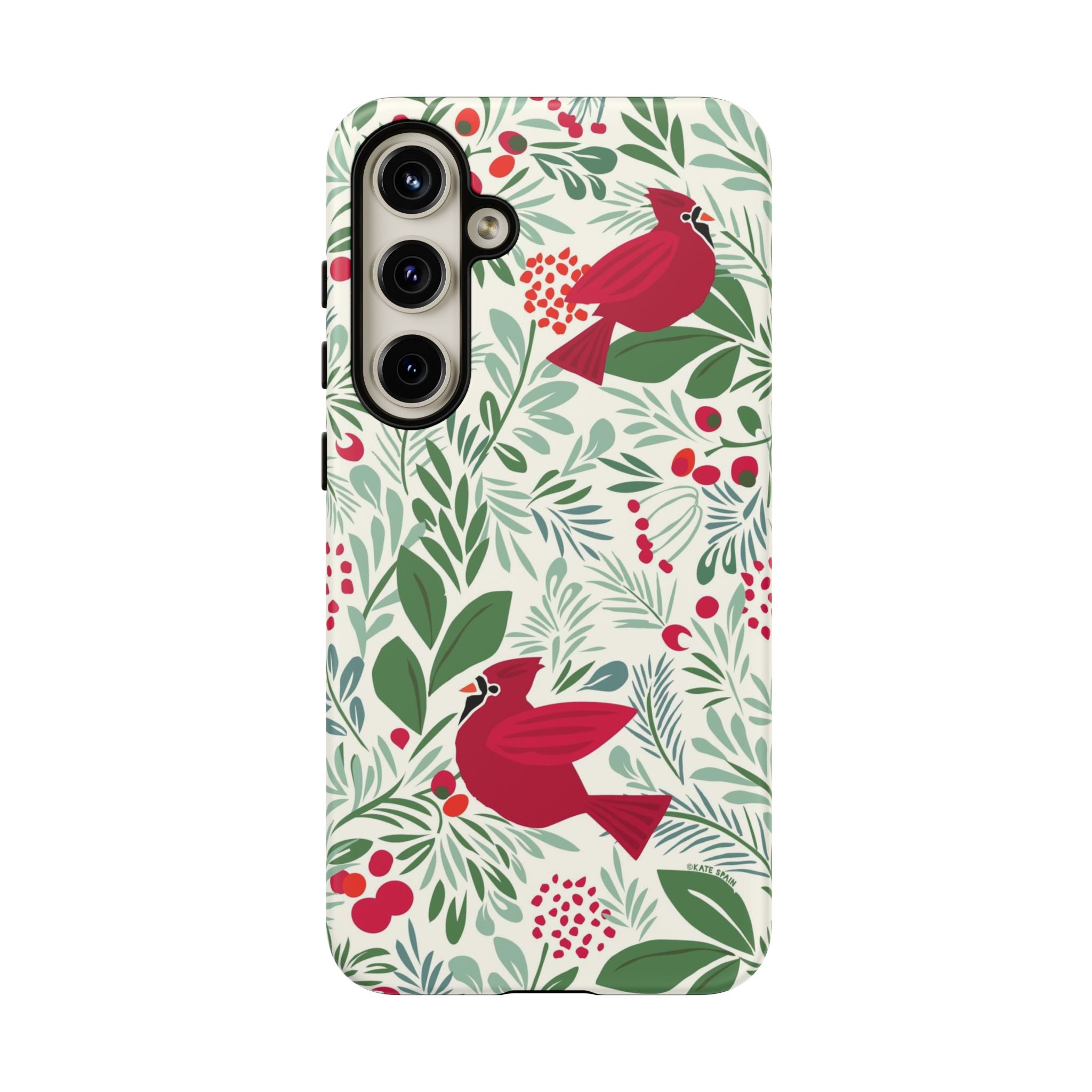 Birds and Berries Samsung Galaxy S25 Case – Matte | cream, red, green botanical cardinal berry print