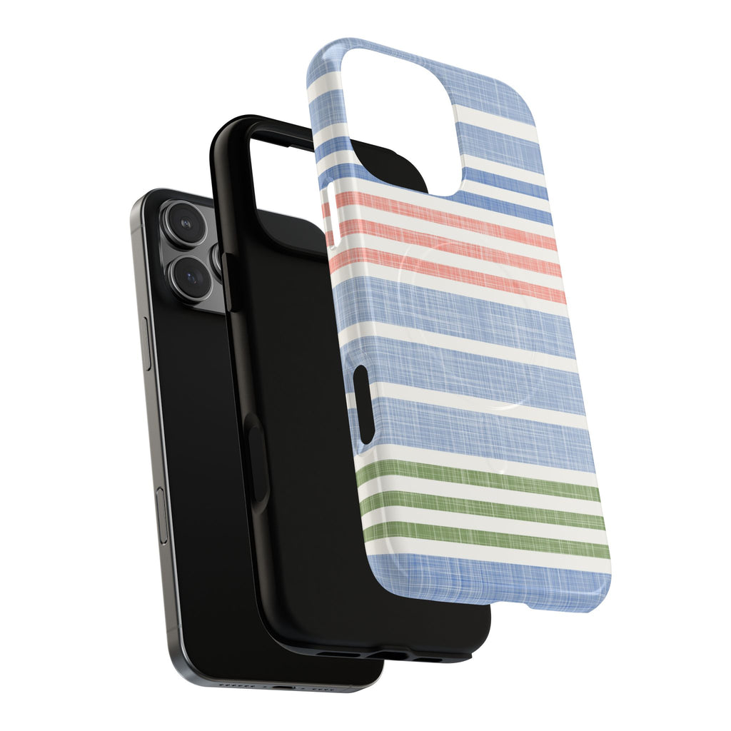 Cabana Stripe Pastel MagSafe iPhone 16 Pro Max Case – Dual-layered view of case and inner lining in front of phone, with view of camera cutout and buttons | soft blue, coral, sage green chambray-textured stripe print MagSafe compatible, dual-layer protection