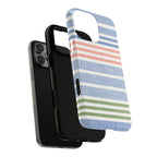 Cabana Stripe Pastel MagSafe iPhone 16 Pro Max Case – Dual-layered view of case and inner lining in front of phone, with view of camera cutout and buttons | soft blue, coral, sage green chambray-textured stripe print MagSafe compatible, dual-layer protection