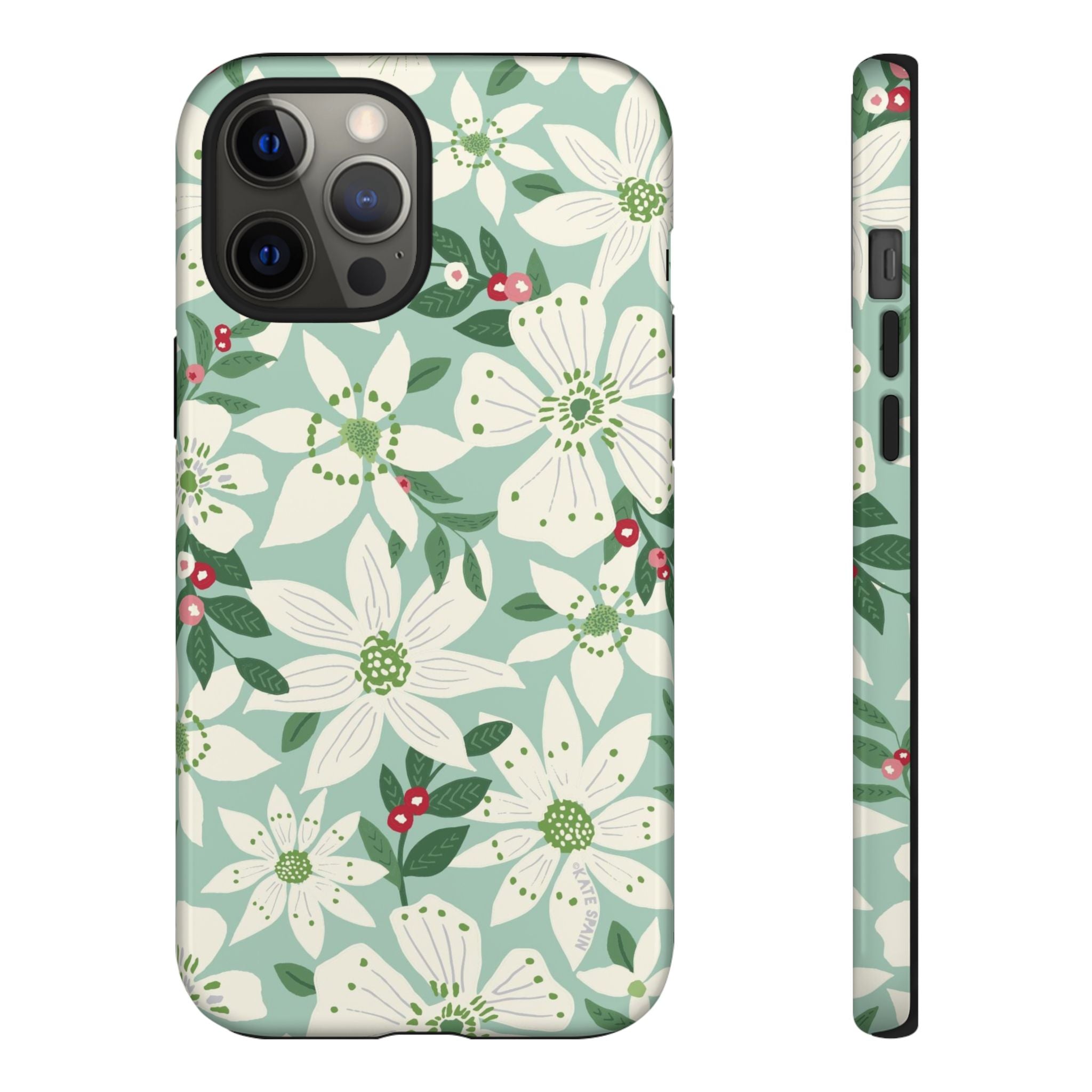 Gardenia Tough iPhone 12 Pro Max Case – Glossy | light blue, white, green, red gardenia botanical print