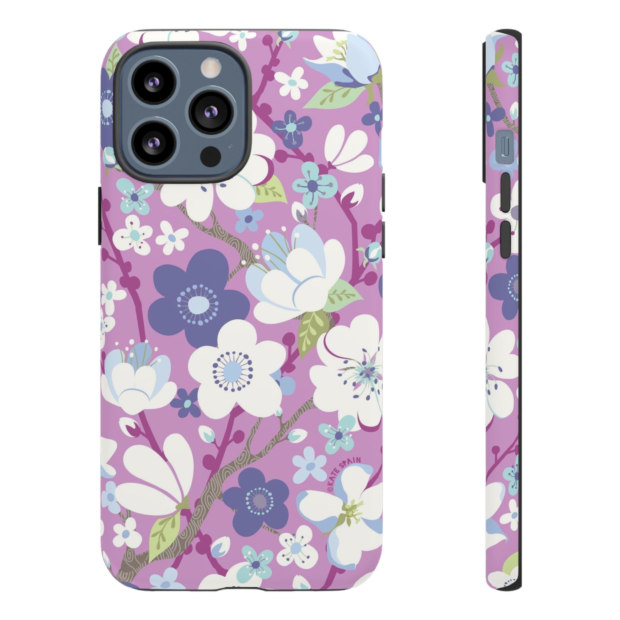 Luxury Cherry Blossom Tough iPhone 13 Pro Max Case – Matte | mauve, purple, blue, white cherry blossom print