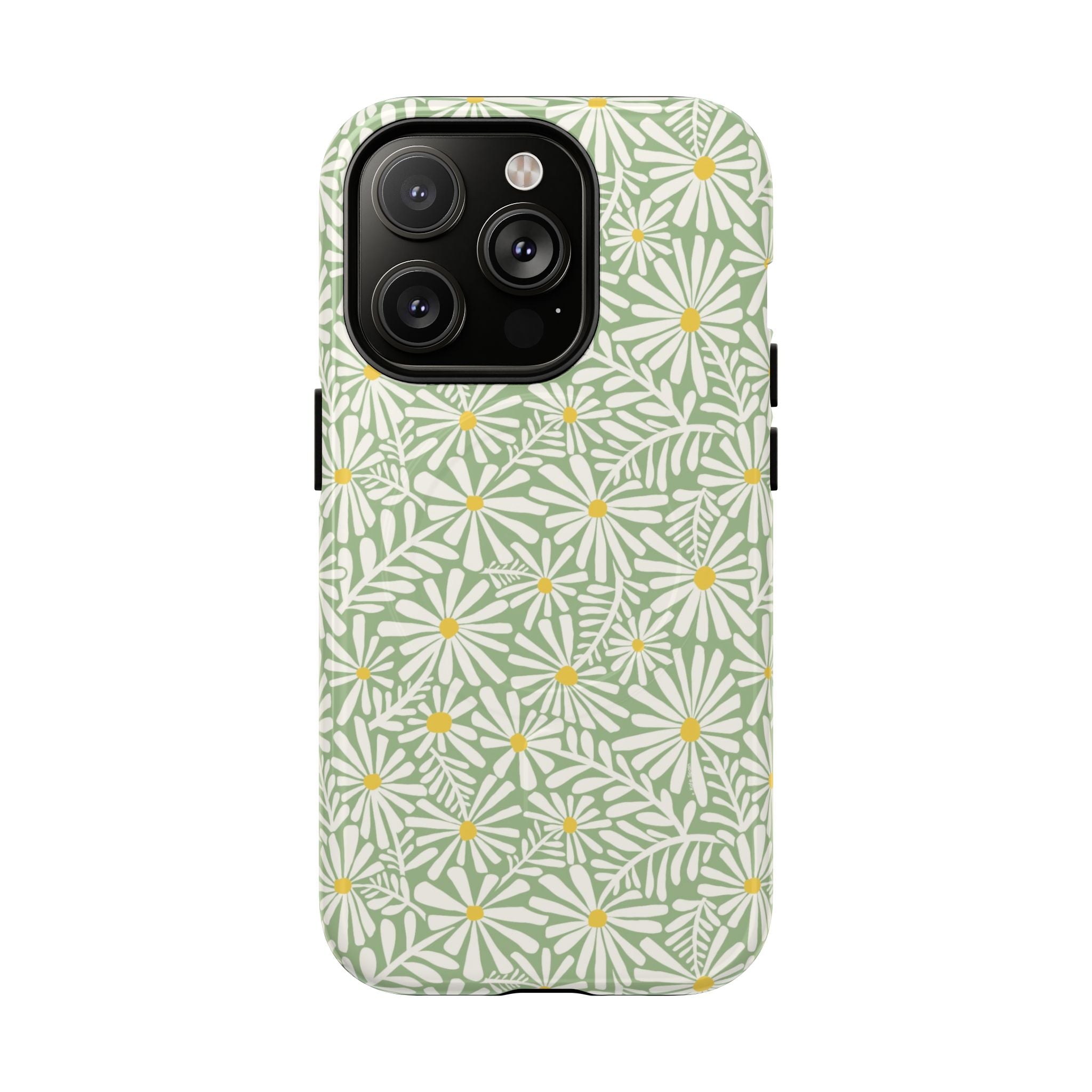 Montauk Daisy Meadow Green MagSafe iPhone 14 Pro Case – Glossy | sage green, white graphic daisy and fern print, golden yellow centers MagSafe compatible, dual-layer protection