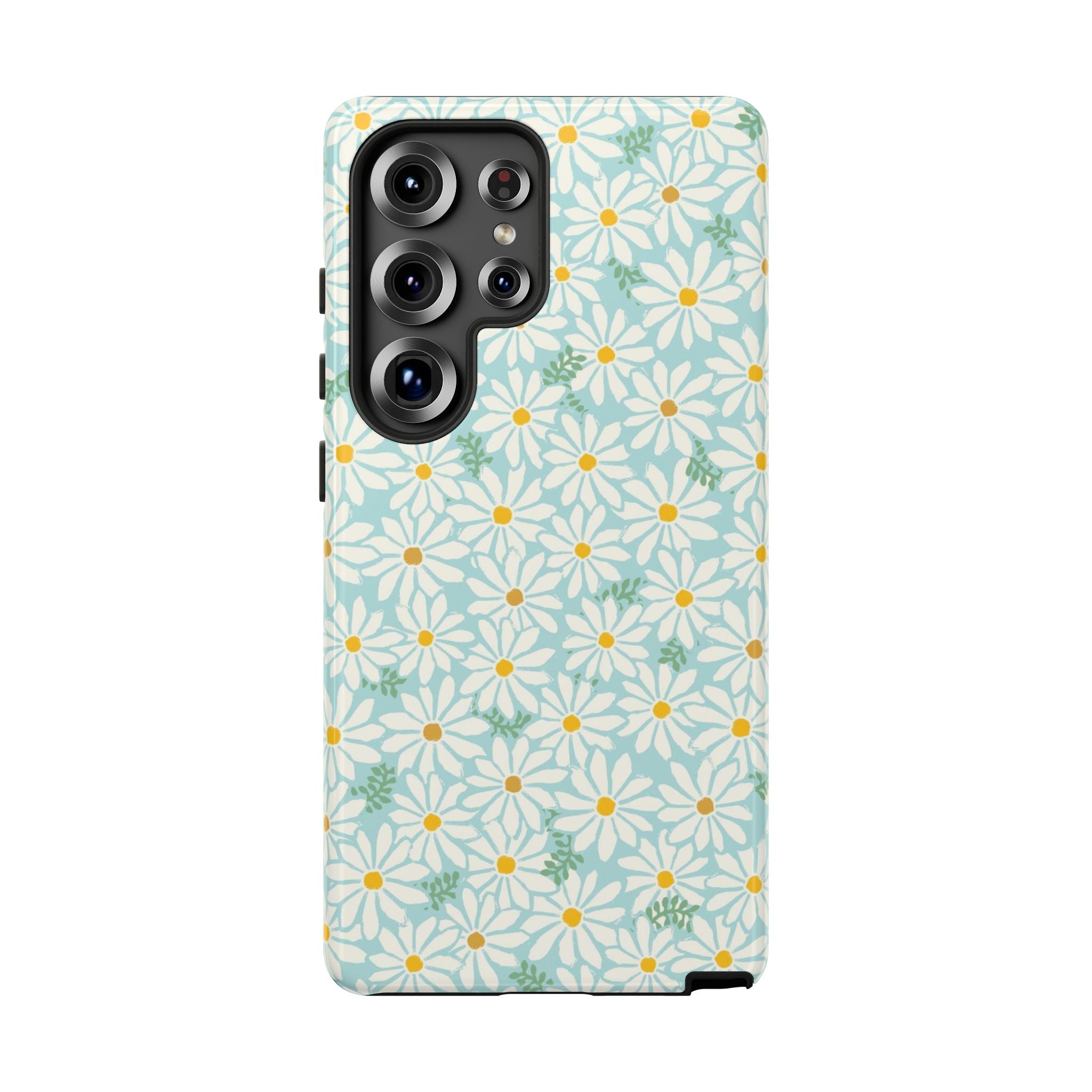 Daisies Samsung Galaxy S25 Ultra Case – Matte | sky blue, white daisy print, golden yellow centers, mint green leaves dual-layer protection