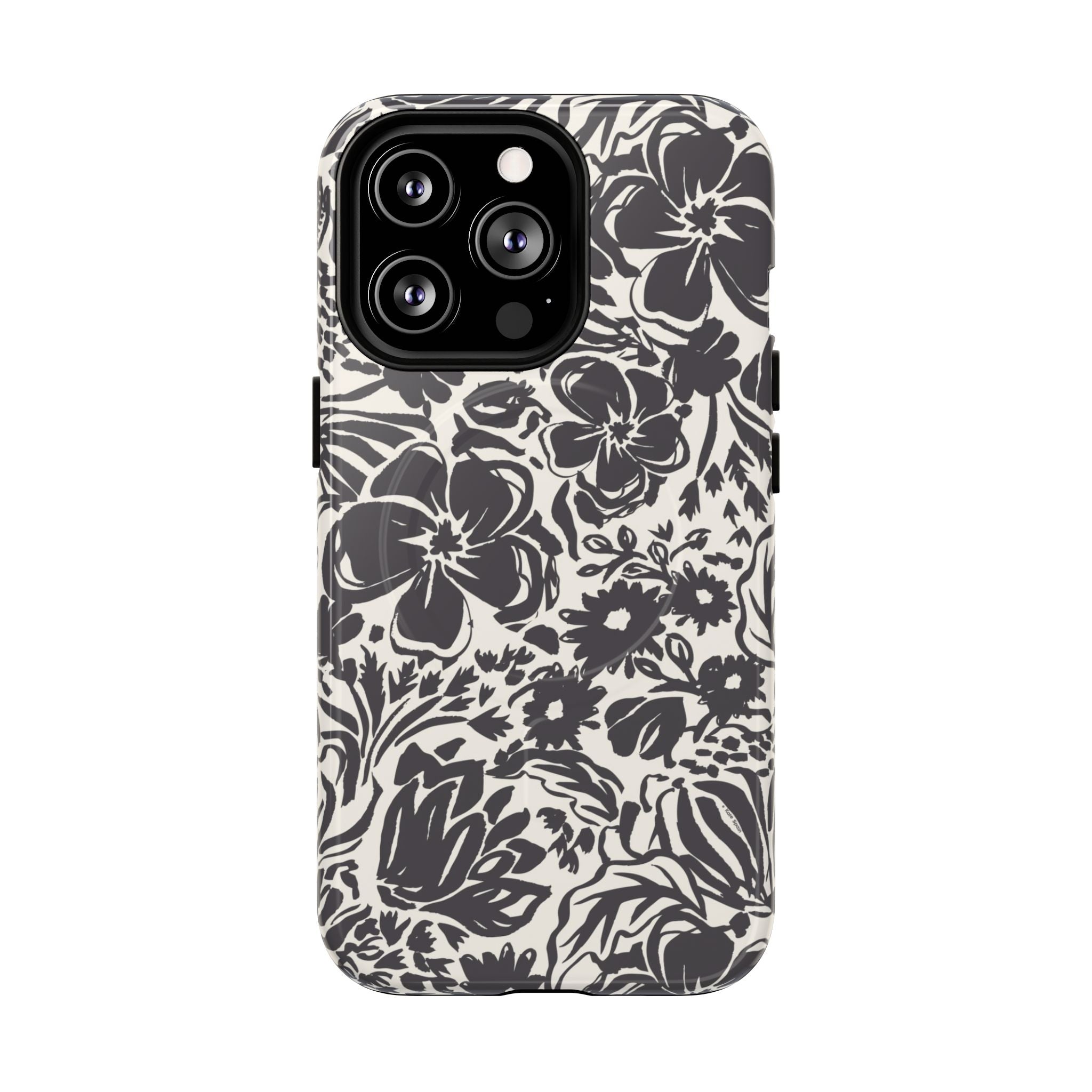 Rhapsody Black MagSafe iPhone 13 Pro Glossy case — bold charcoal floral print on cream by Kate Spain