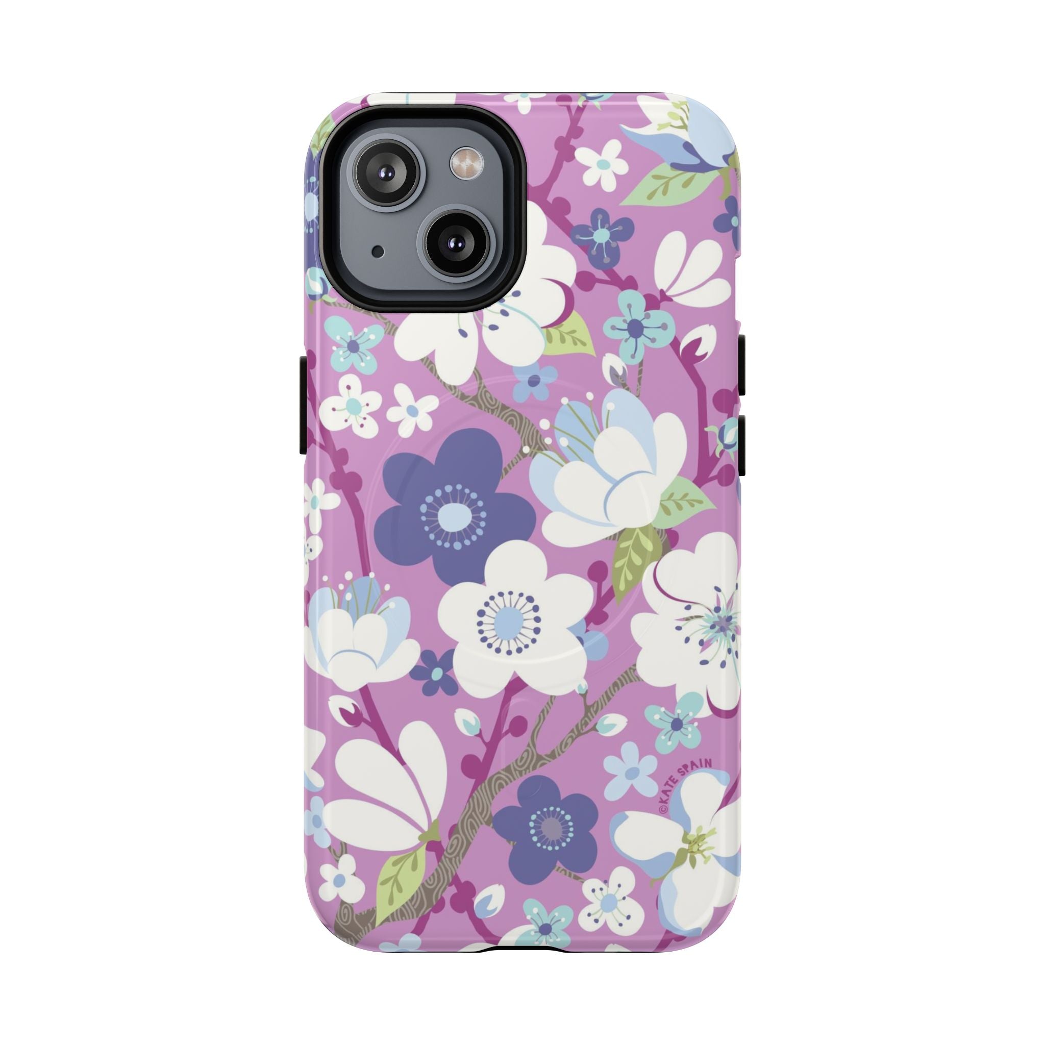 Purple Cherry Blossom MagSafe iPhone 14 Case – Glossy | mauve, purple, blue, white cherry blossom print
