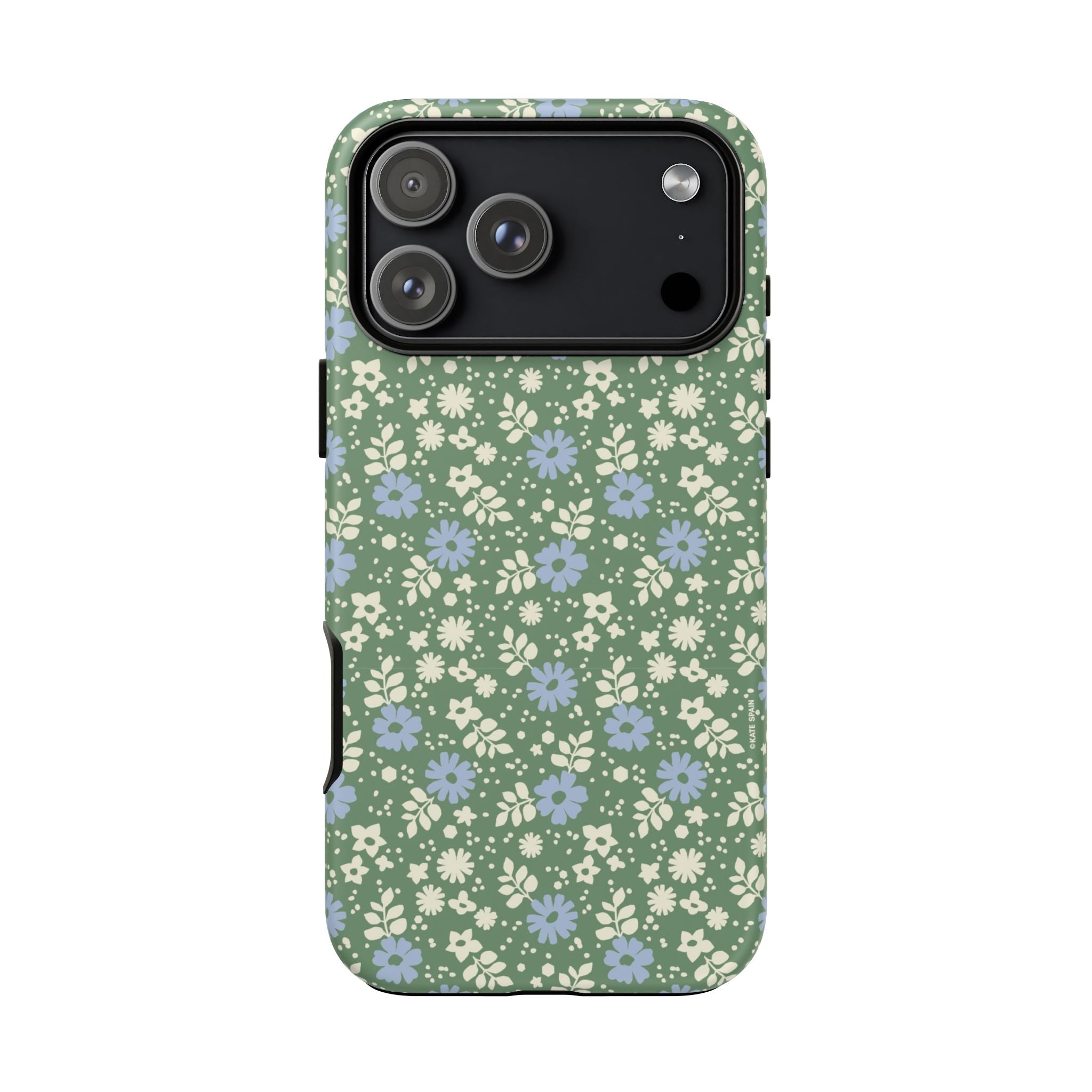 Petaline Tough iPhone 17 Pro Max Case – Glossy | green, blue, cream ditsy floral print