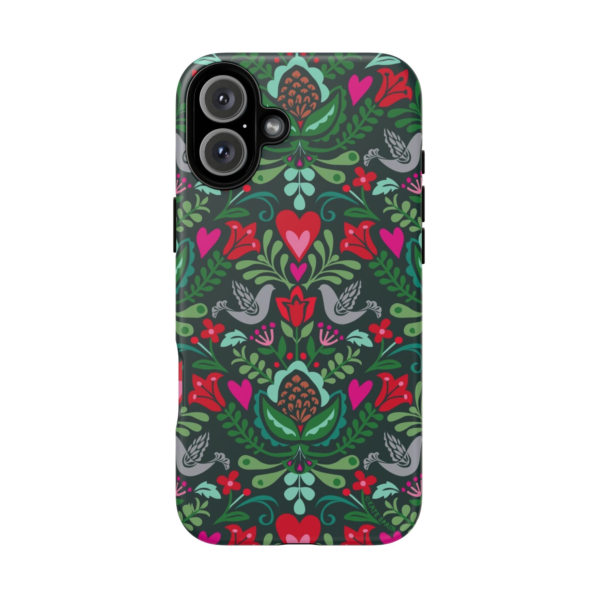 Rosemaling Tough iPhone 16 Plus Case – Matte | dark green, red, pink, gray folk art floral bird print