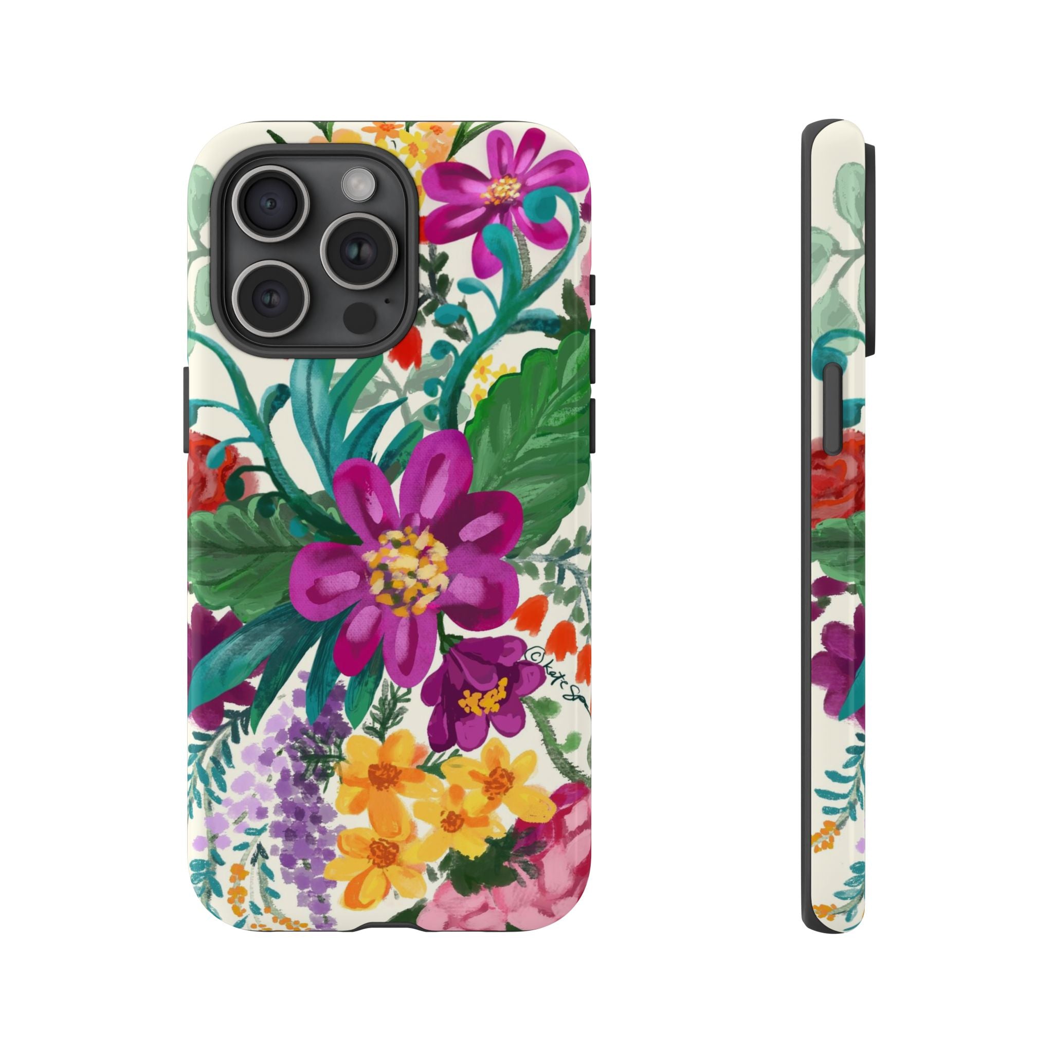 Posy Tough iPhone 15 Pro Max Case – Glossy | cream, magenta, coral botanical floral print