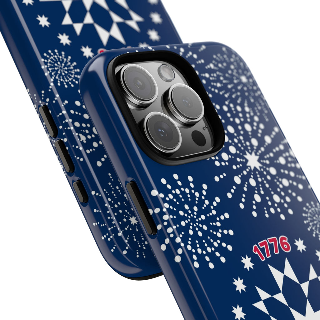 250th Fireworks Tough iPhone 16 Pro Max side angle with close up of buttons and camera cutout in case in navy, white patriotic star quilt fireworks print