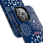 250th Fireworks Tough iPhone 16 Pro Max side angle with close up of buttons and camera cutout in case in navy, white patriotic star quilt fireworks print