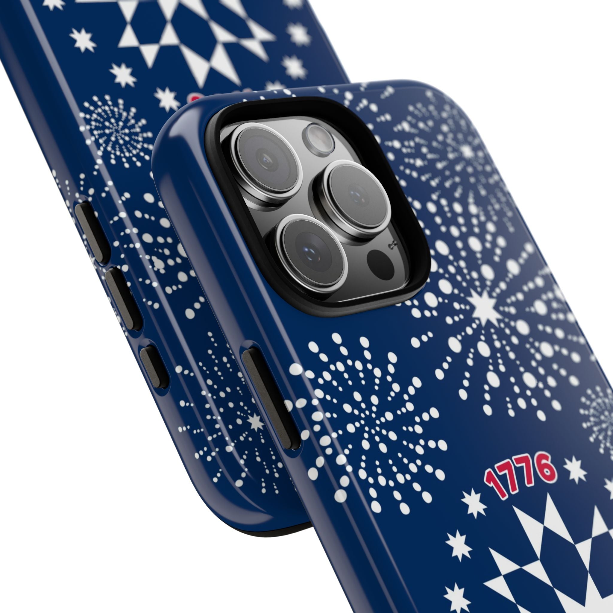 250th Fireworks Tough iPhone 16 Pro Max side angle with close up of buttons and camera cutout in case in navy, white patriotic star quilt fireworks print