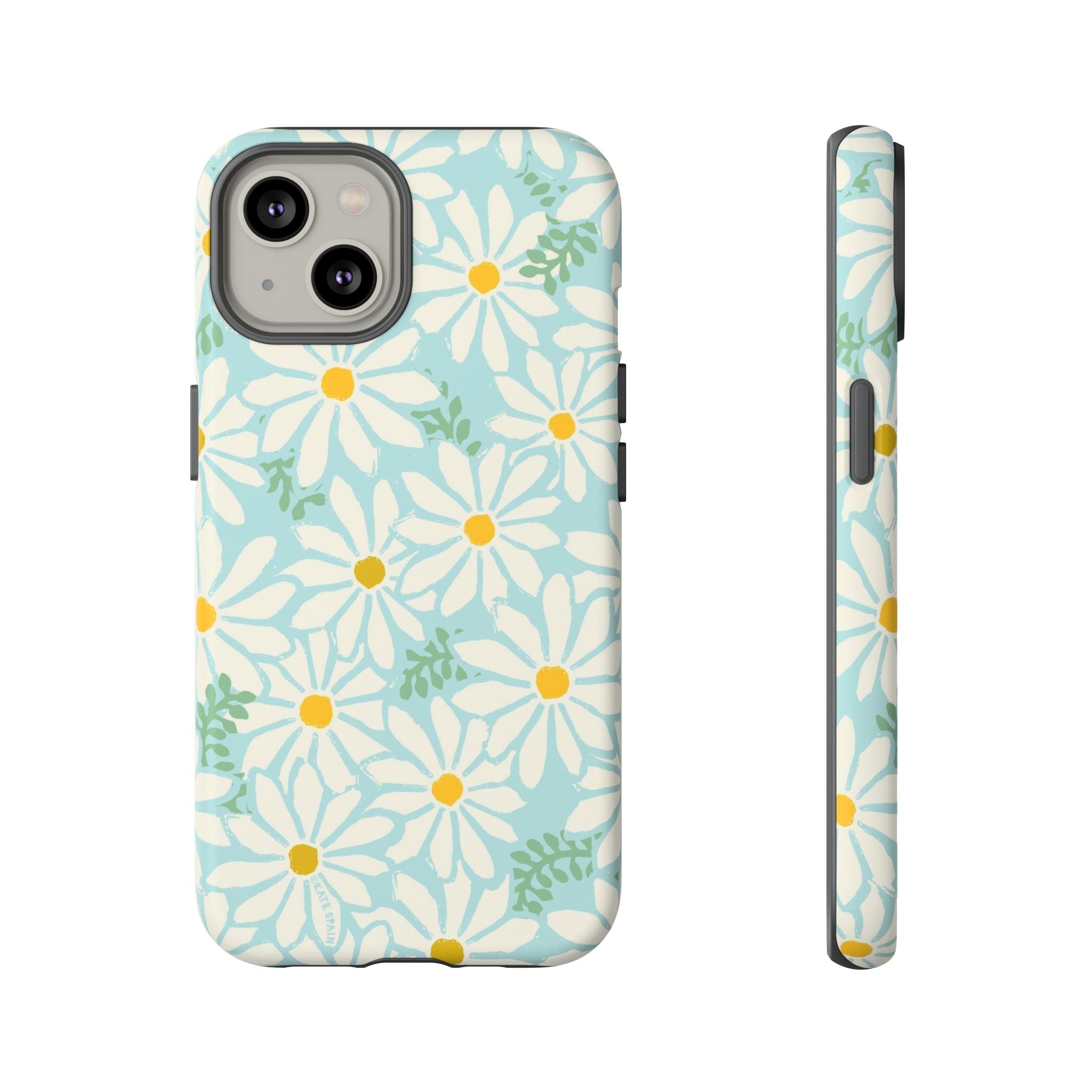 Daisies Tough iPhone 14 Case – Matte | mint, white, yellow botanical daisy floral print