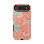 Hibiscus Coral iPhone 17 Air Glossy Case — blush pink hard case with large-scale coral red hibiscus flowers and teal-green leaves in a bold botanical linework print, densely layered across the surface