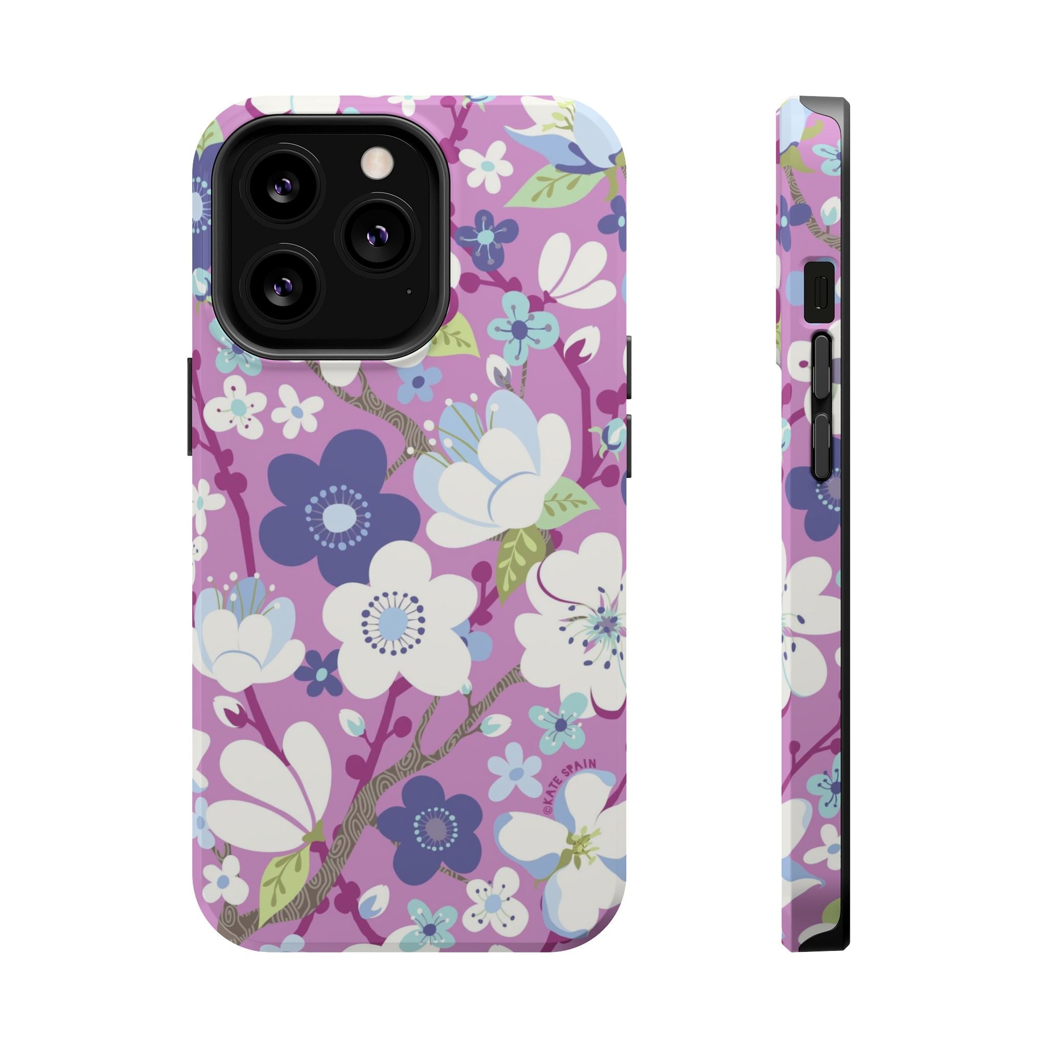 Luxury Cherry Blossom MagSafe iPhone 14 Pro Case – Glossy | mauve, purple, blue, white cherry blossom print