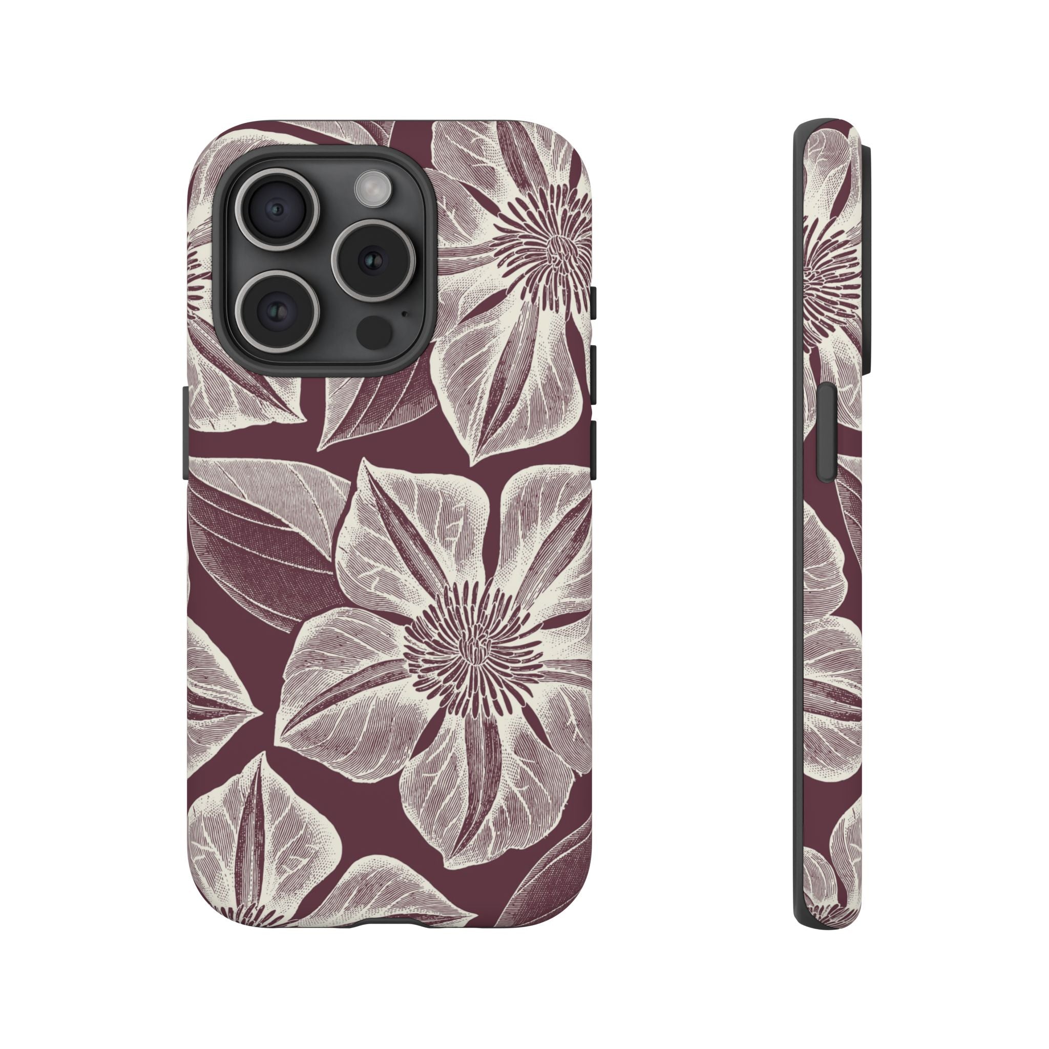 Vintage Bloom Burgundy iPhone 15 Pro case – Matte | burgundy ground, large-scale cream clematis print, engraved petal detail, dual-layer protection