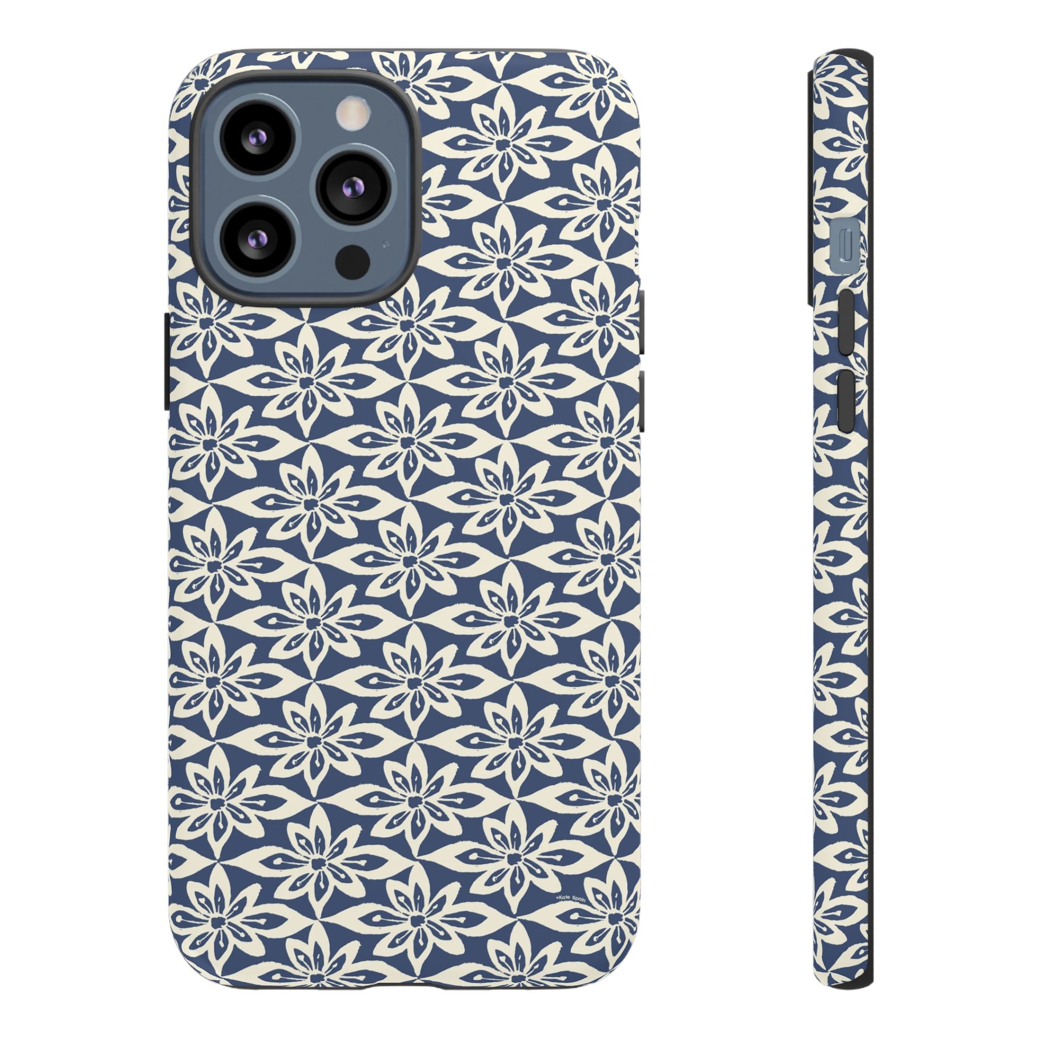 Lily Navy Blue iPhone 13 Pro Max Matte case — geometric cream lily print on navy blue by Kate Spain