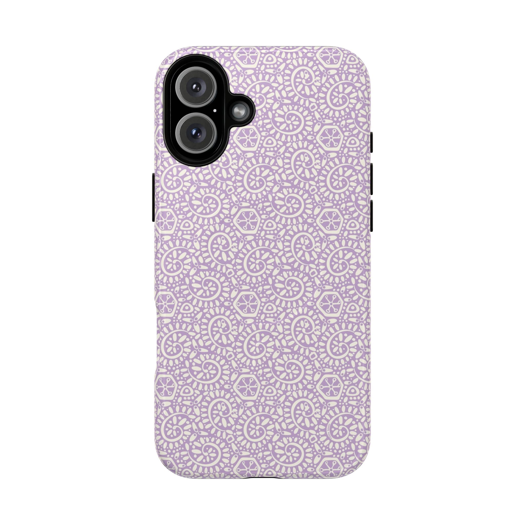 Canto Swirls Lavender MagSafe iPhone 16 Plus Glossy Case — lavender hard case covered in an intricate folk-art medallion pattern of radiating circular motifs, dot clusters, and geometric centers